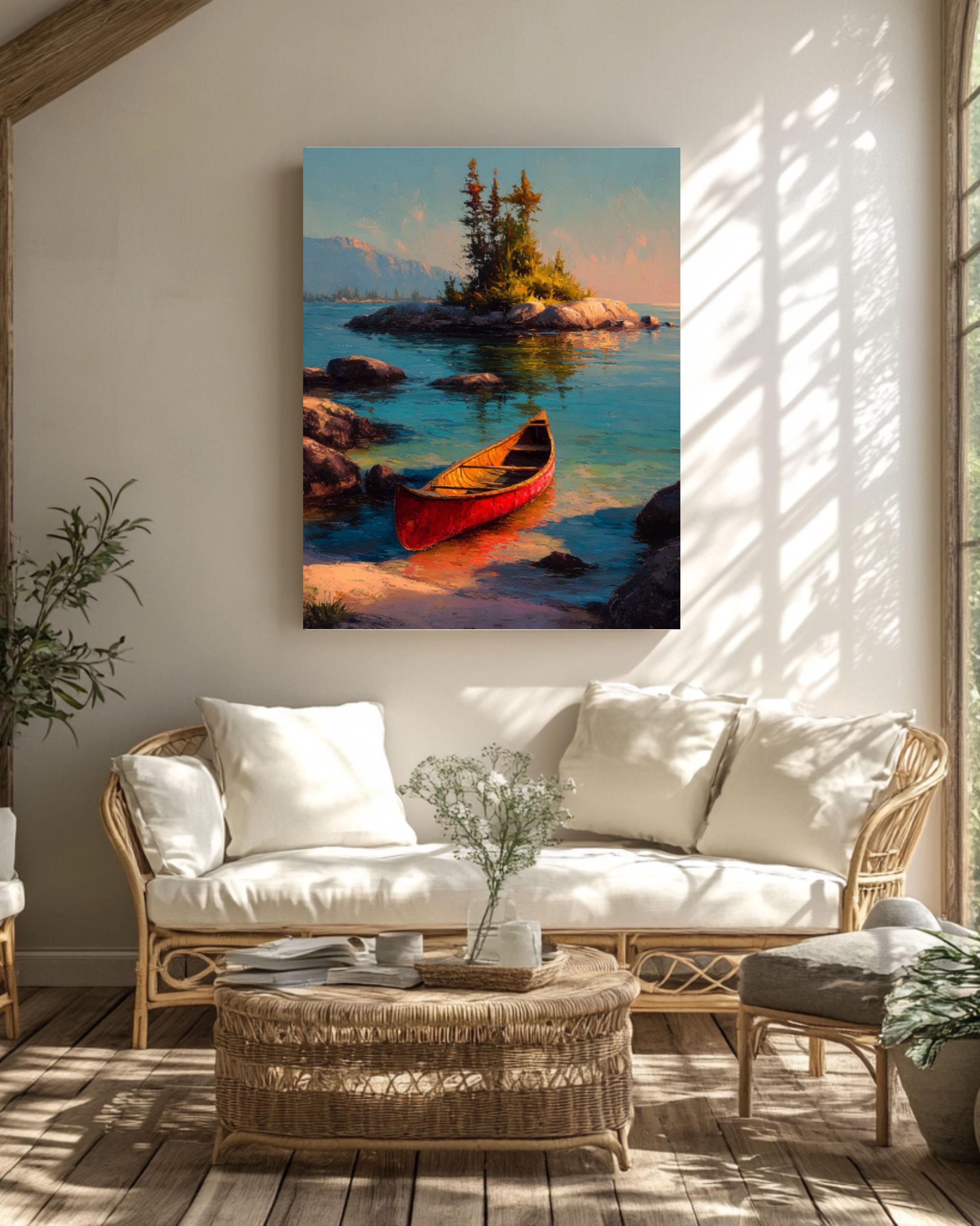 Vintage Red Canoe Lake Canvas Wall Art – Peaceful Mountain Landscape