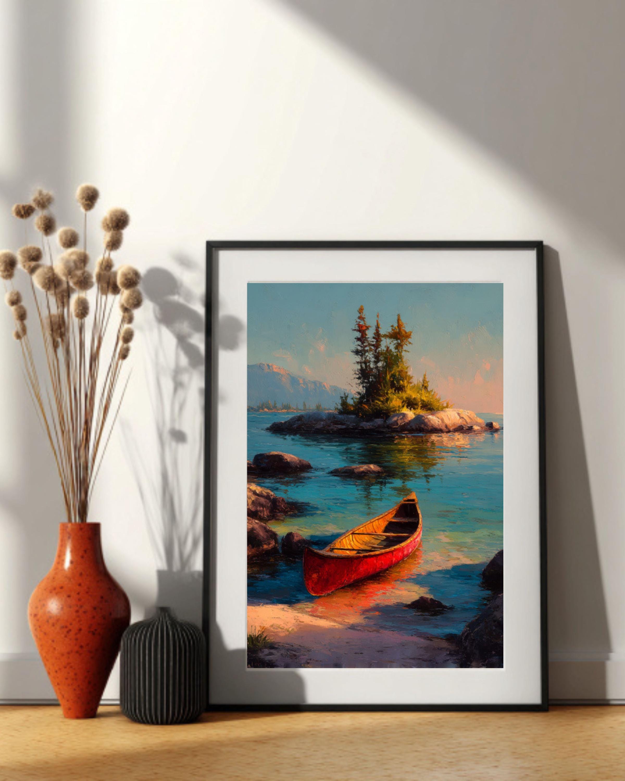 Vintage Red Canoe Lake Canvas Wall Art – Peaceful Mountain Landscape
