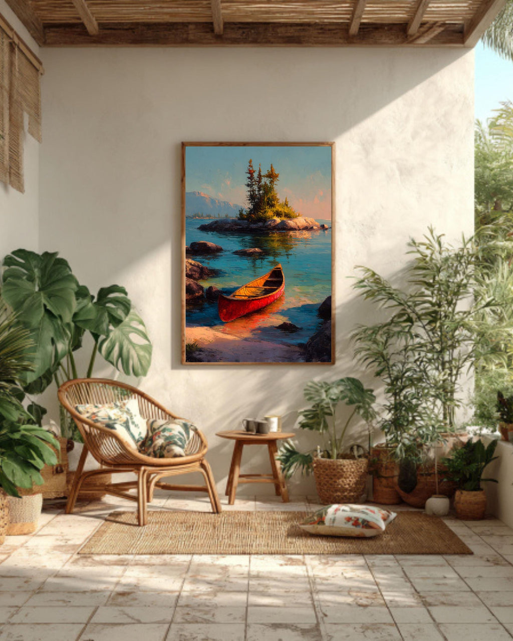 Vintage Red Canoe Lake Canvas Wall Art – Peaceful Mountain Landscape