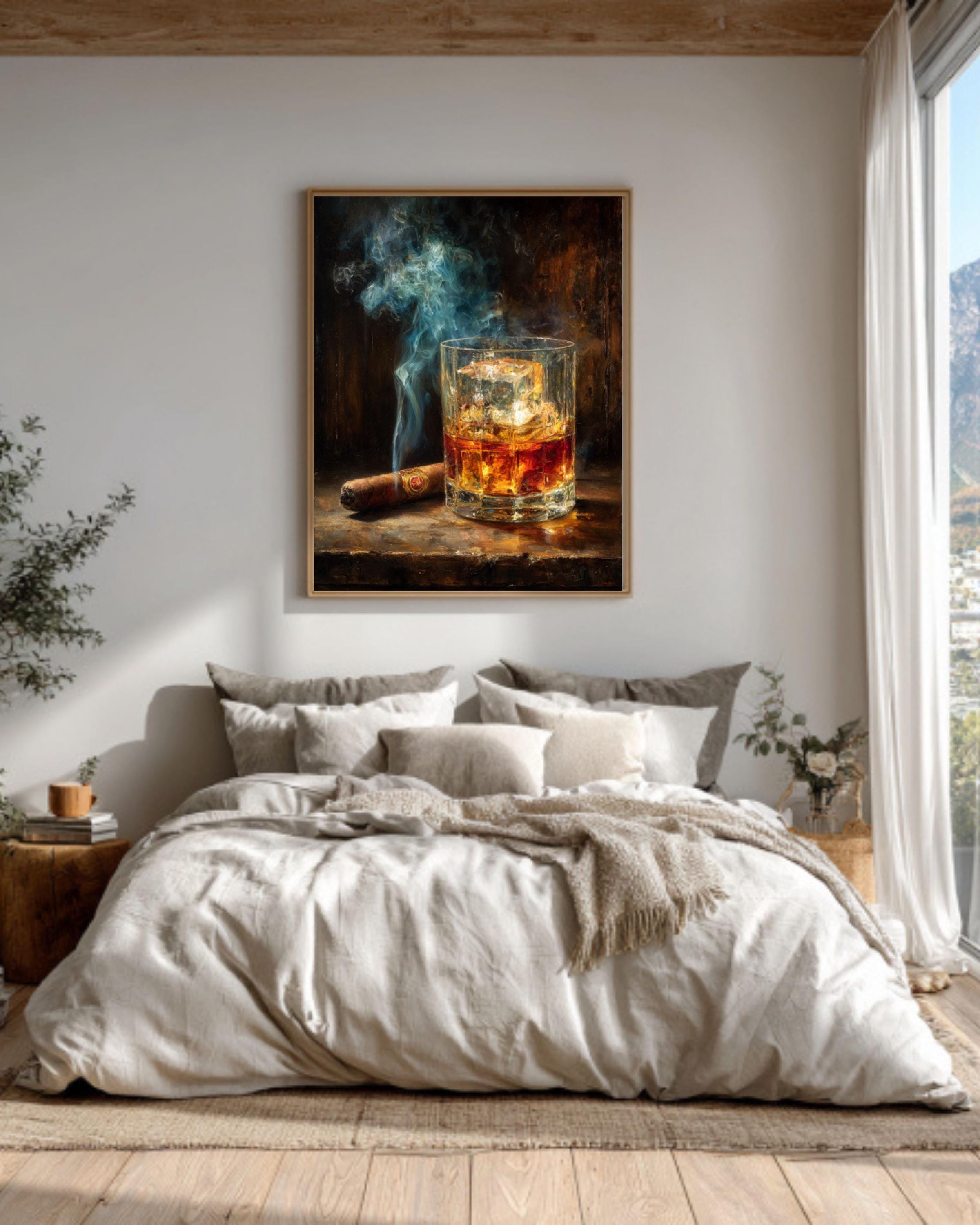 Whiskey & Cigar Smoke Vintage Bar Canvas Wall Art – Man Cave Decor