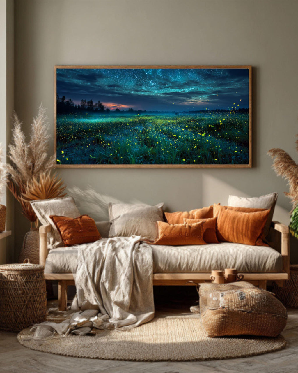 Starry Night Firefly Field – Magical Landscape Canvas or Framed Wall Art