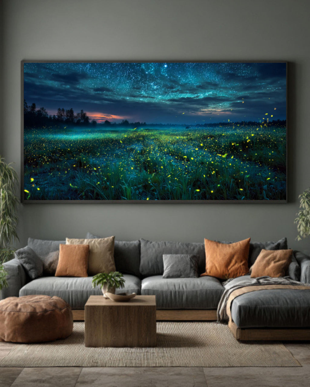Starry Night Firefly Field – Magical Landscape Canvas or Framed Wall Art