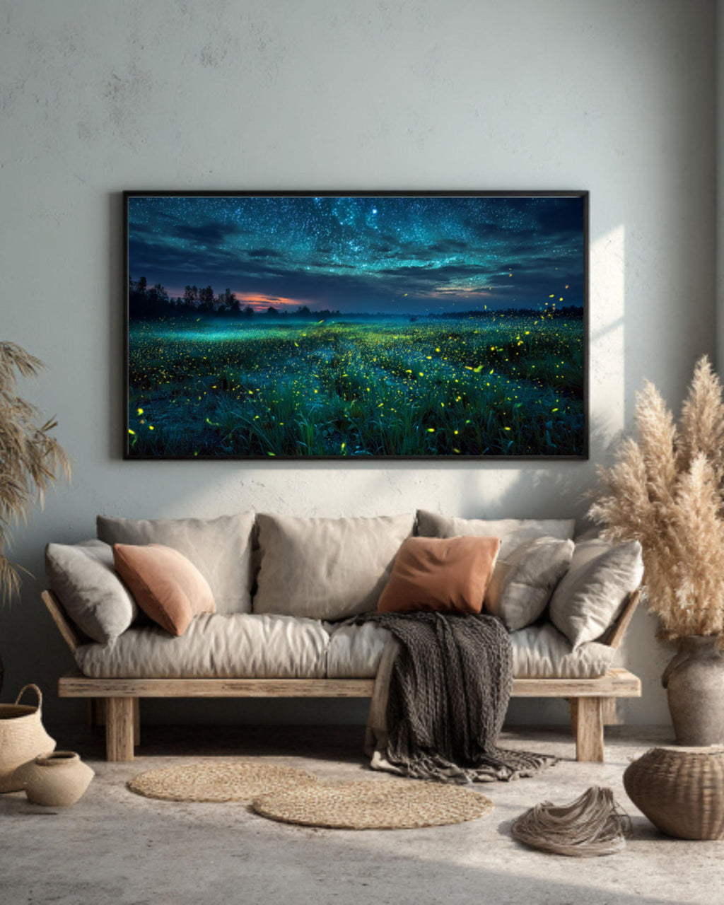 Starry Night Firefly Field – Magical Landscape Canvas or Framed Wall Art