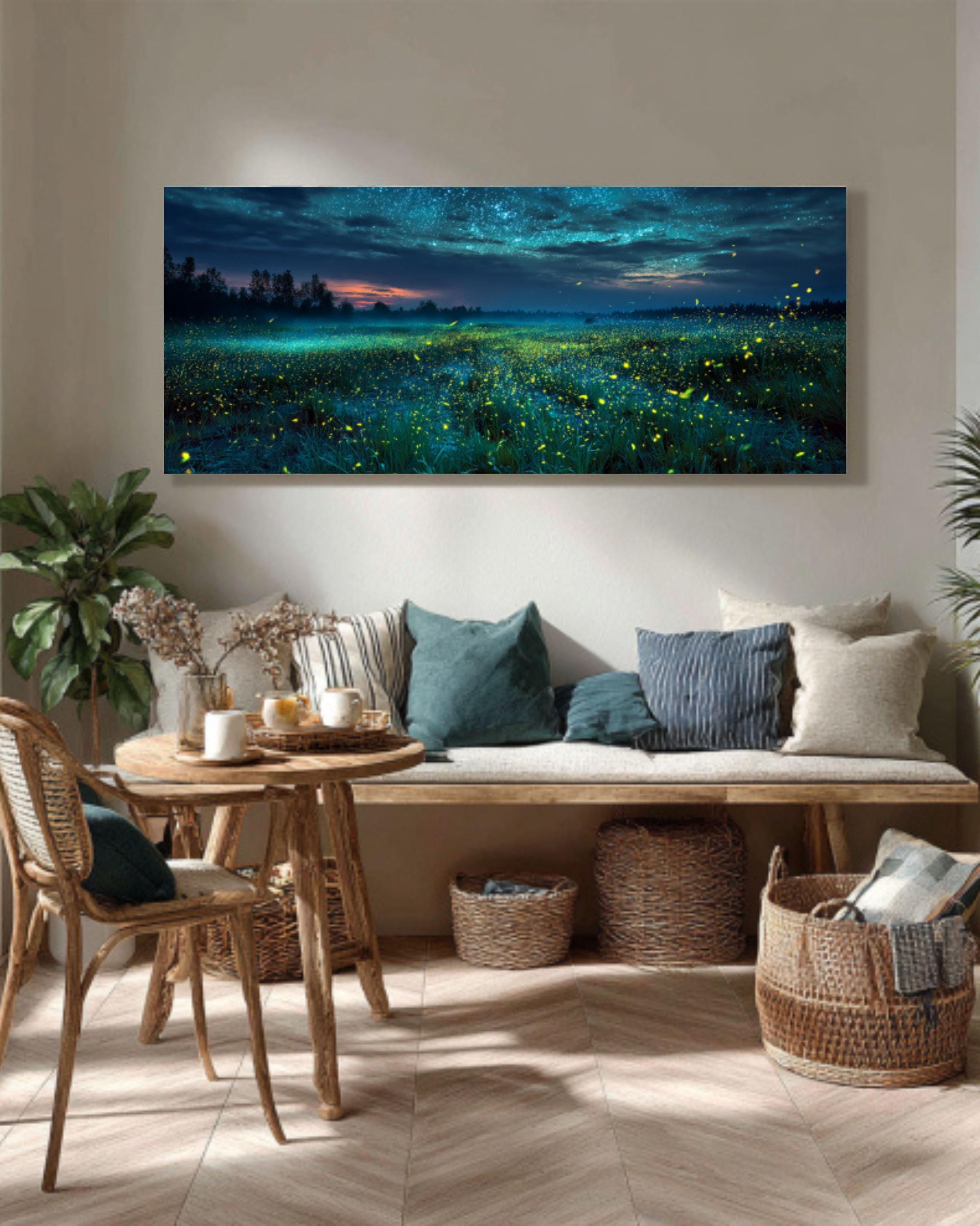 starry night firefly field magical landscape wall art