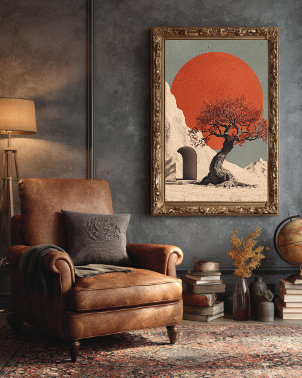 Minimalist Tree & Red Sun Art Print â€“ Beige Surreal Landscape Canvas Wall Art Print – Premium Home Decor