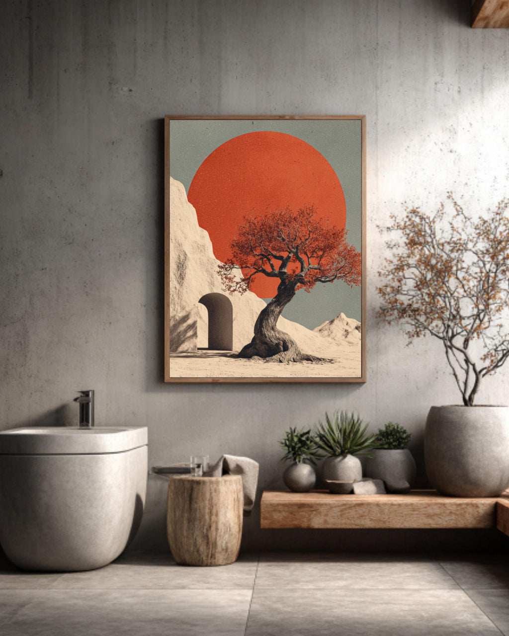 Minimalist Tree & Red Sun Art Print â€“ Beige Surreal Landscape Canvas Wall Art Print – Premium Home Decor