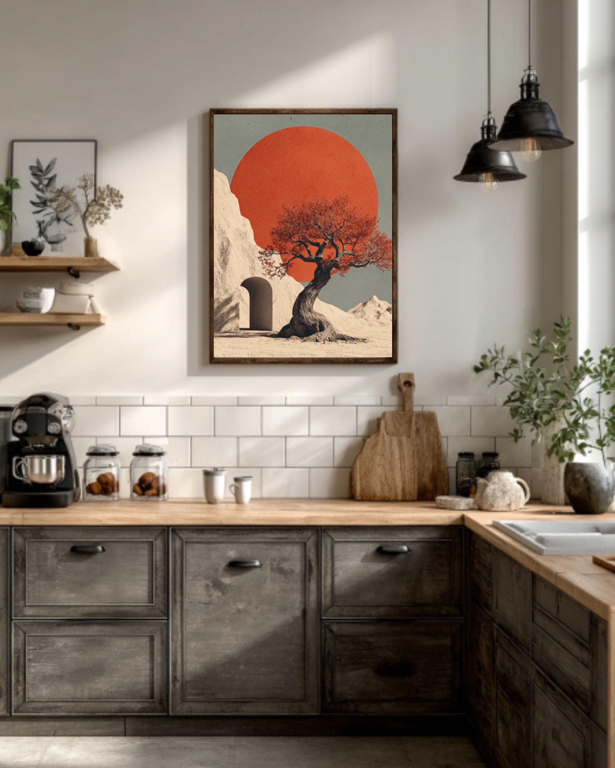 Minimalist Tree & Red Sun Art Print â€“ Beige Surreal Landscape Canvas Wall Art Print – Premium Home Decor