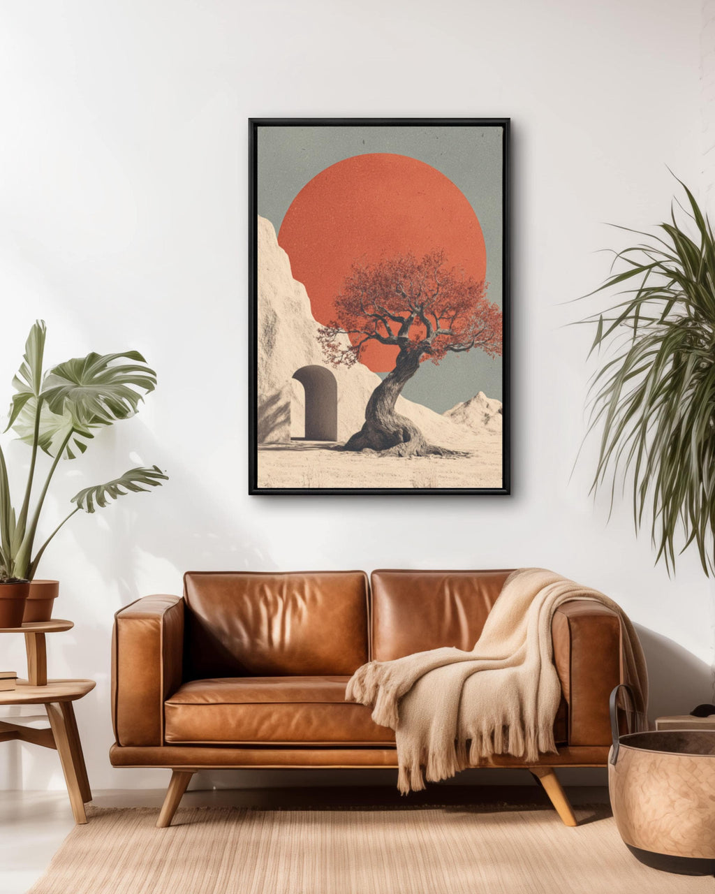 Minimalist Tree & Red Sun Art Print â€“ Beige Surreal Landscape Canvas Wall Art Print – Premium Home Decor