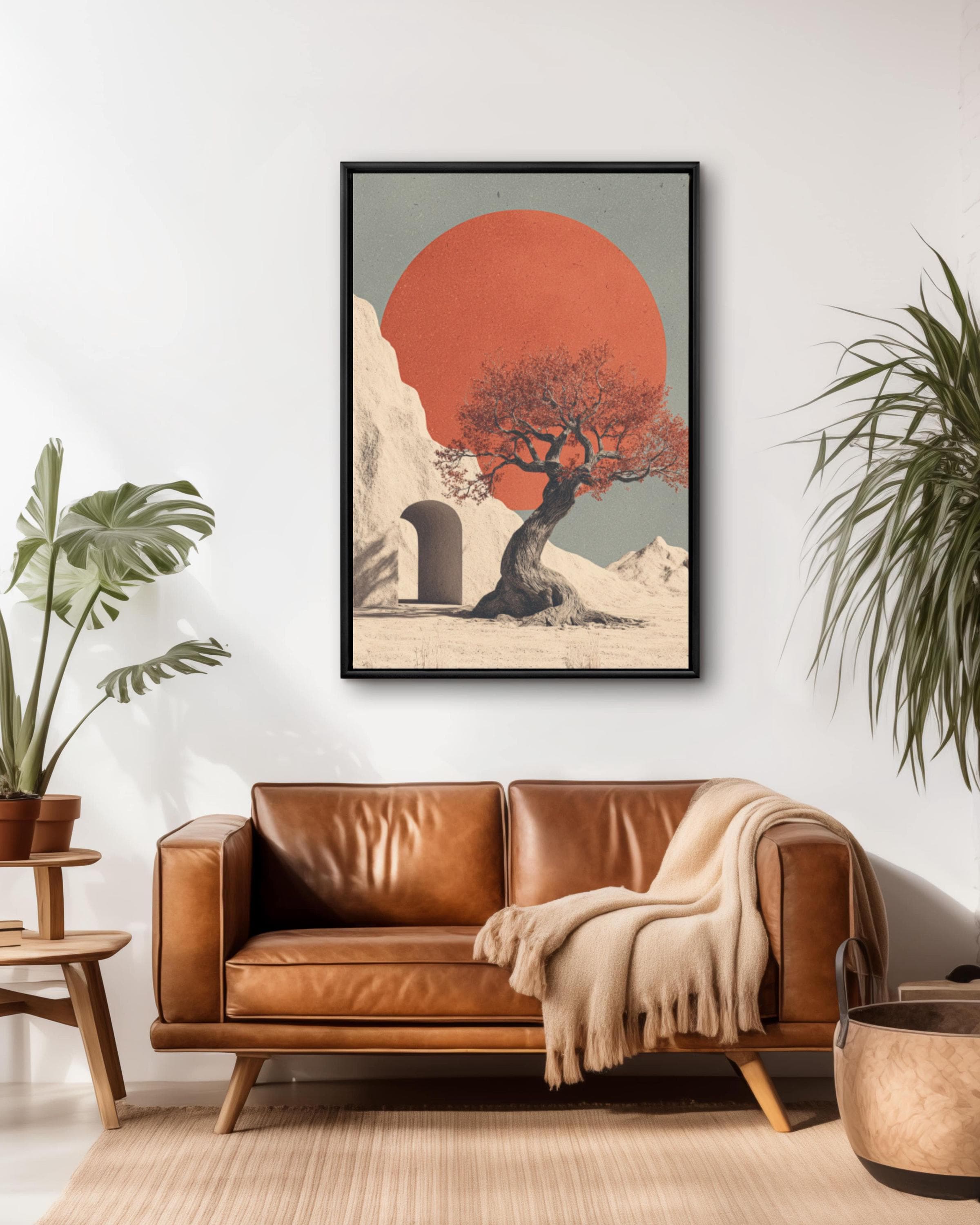 Minimalist Tree & Red Sun Art Print â€“ Beige Surreal Landscape Canvas Wall Art Print – Premium Home Decor
