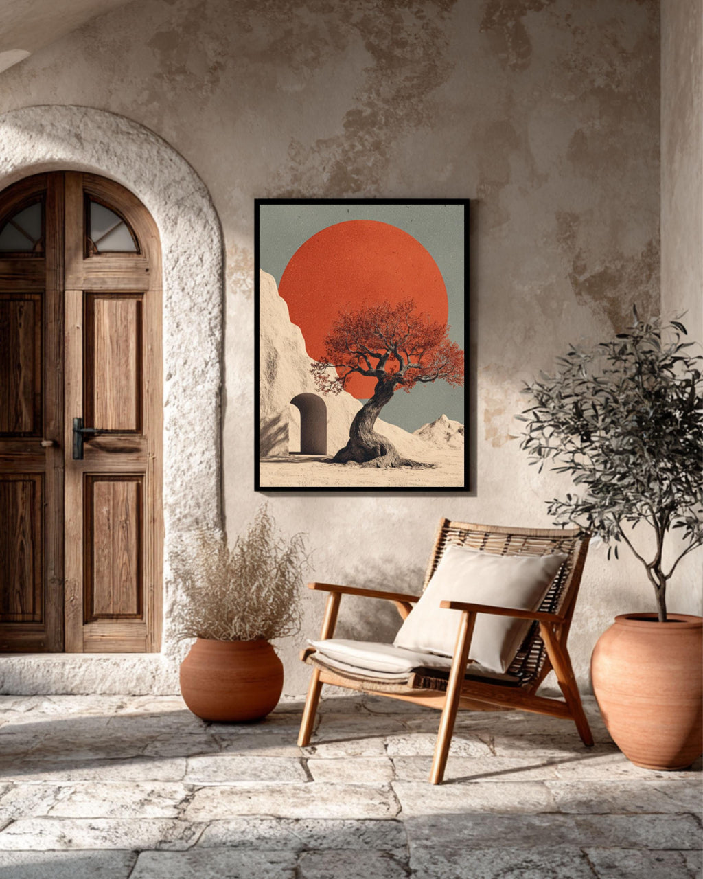 Minimalist Tree & Red Sun Art Print â€“ Beige Surreal Landscape Canvas Wall Art Print – Premium Home Decor