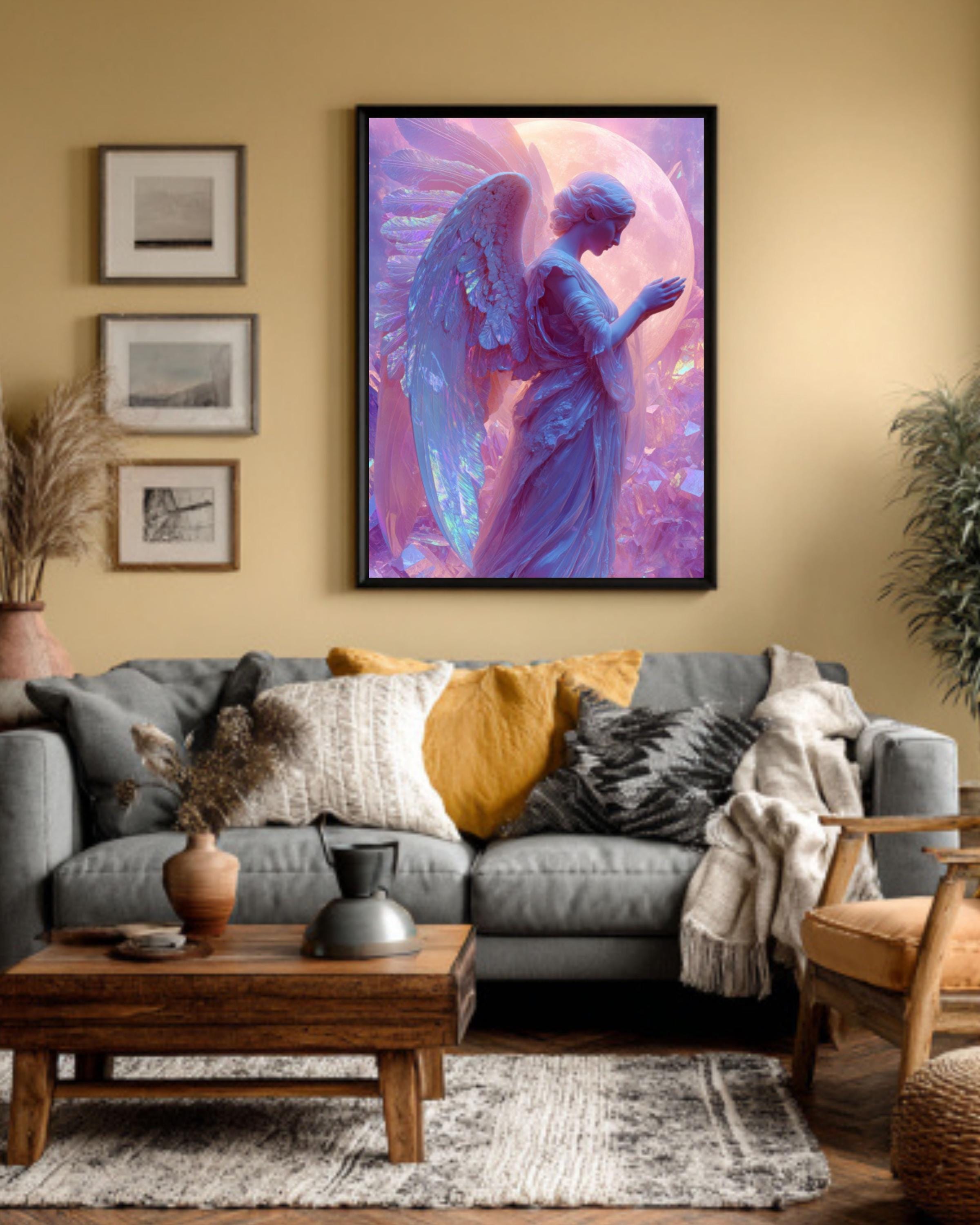 Holographic Angel Print – Iridescent Wings, Moonlit Crystals Collage