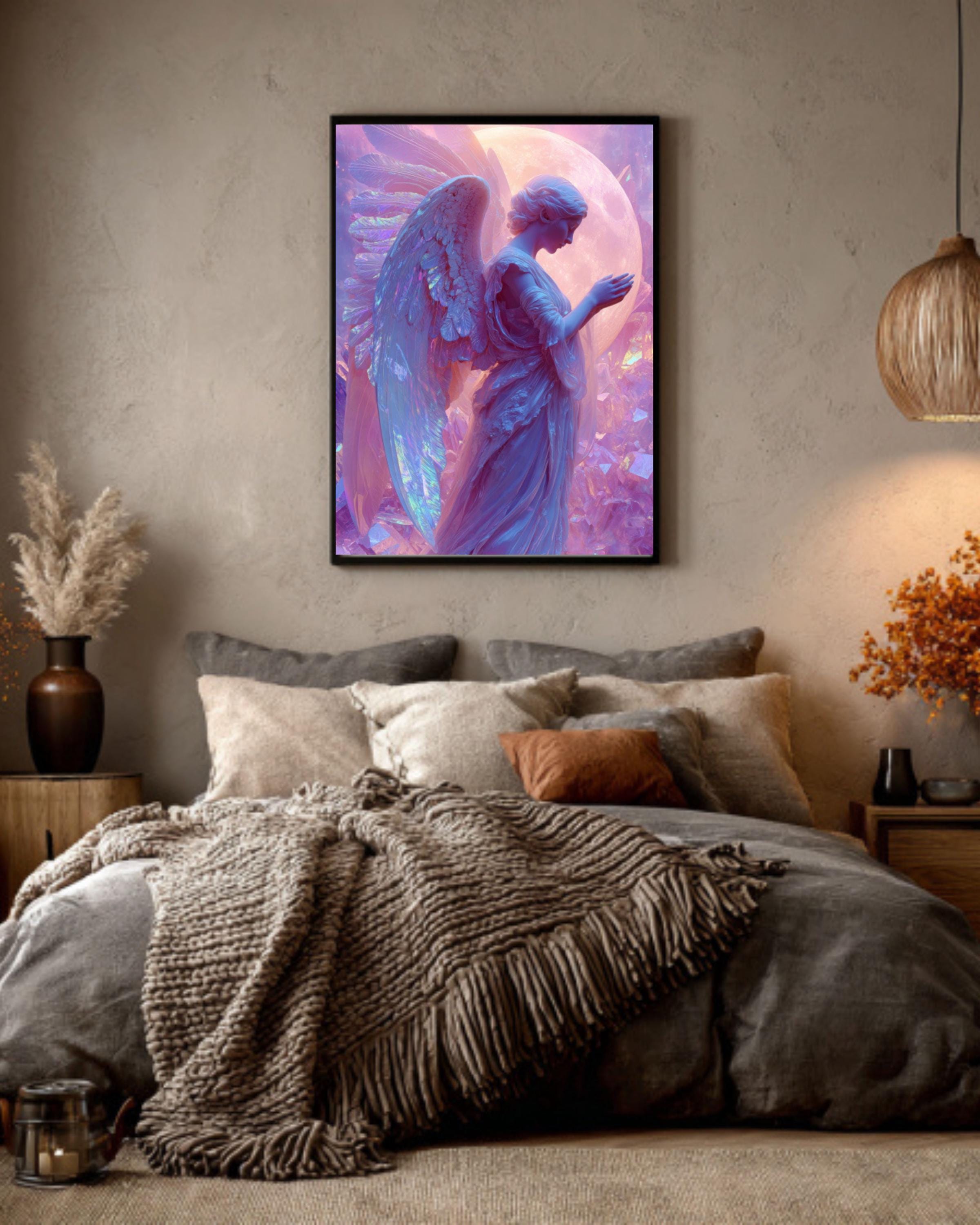 Holographic Angel Print – Iridescent Wings, Moonlit Crystals Collage