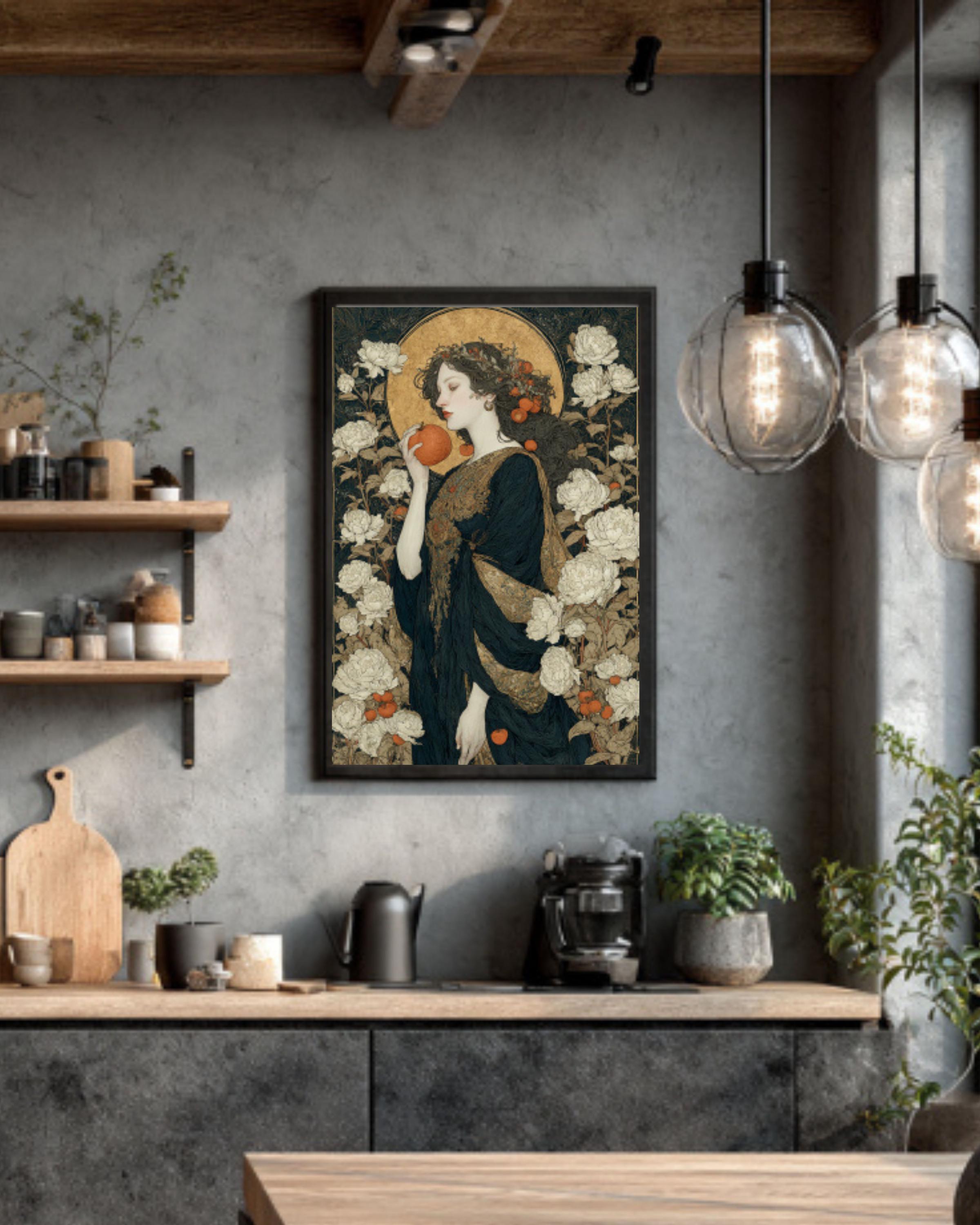 Goddess with Apple Print | Mythical Woman, Gold Halo Canvas Art