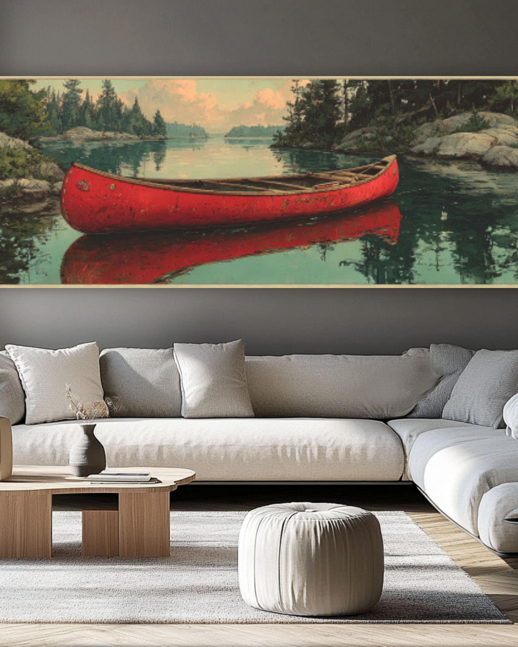 Serene Red Canoe Reflection Canvas Art – Vintage Lake Landscape Print