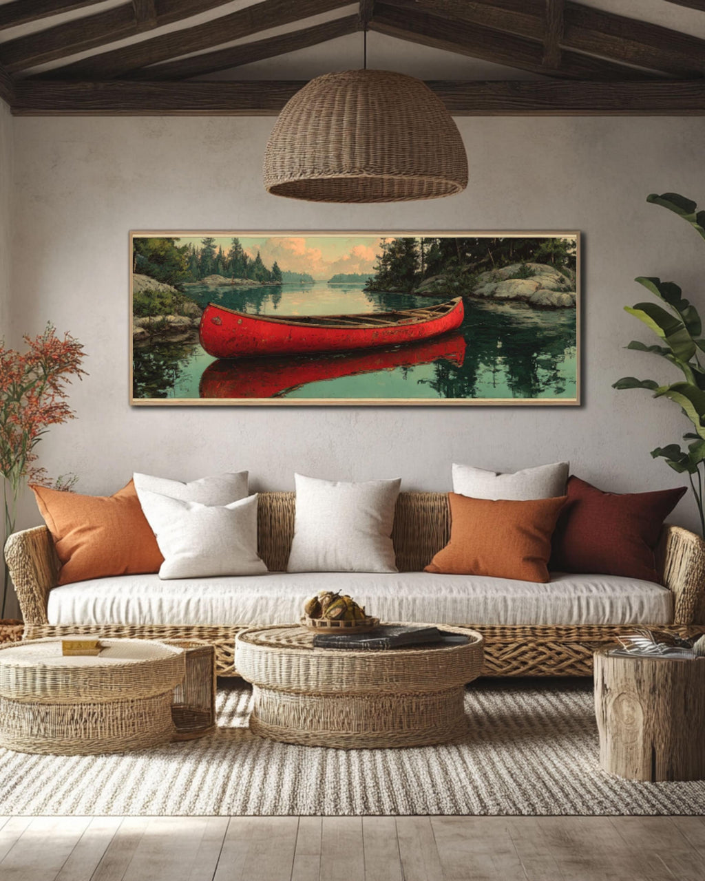 Serene Red Canoe Reflection Canvas Art – Vintage Lake Landscape Print