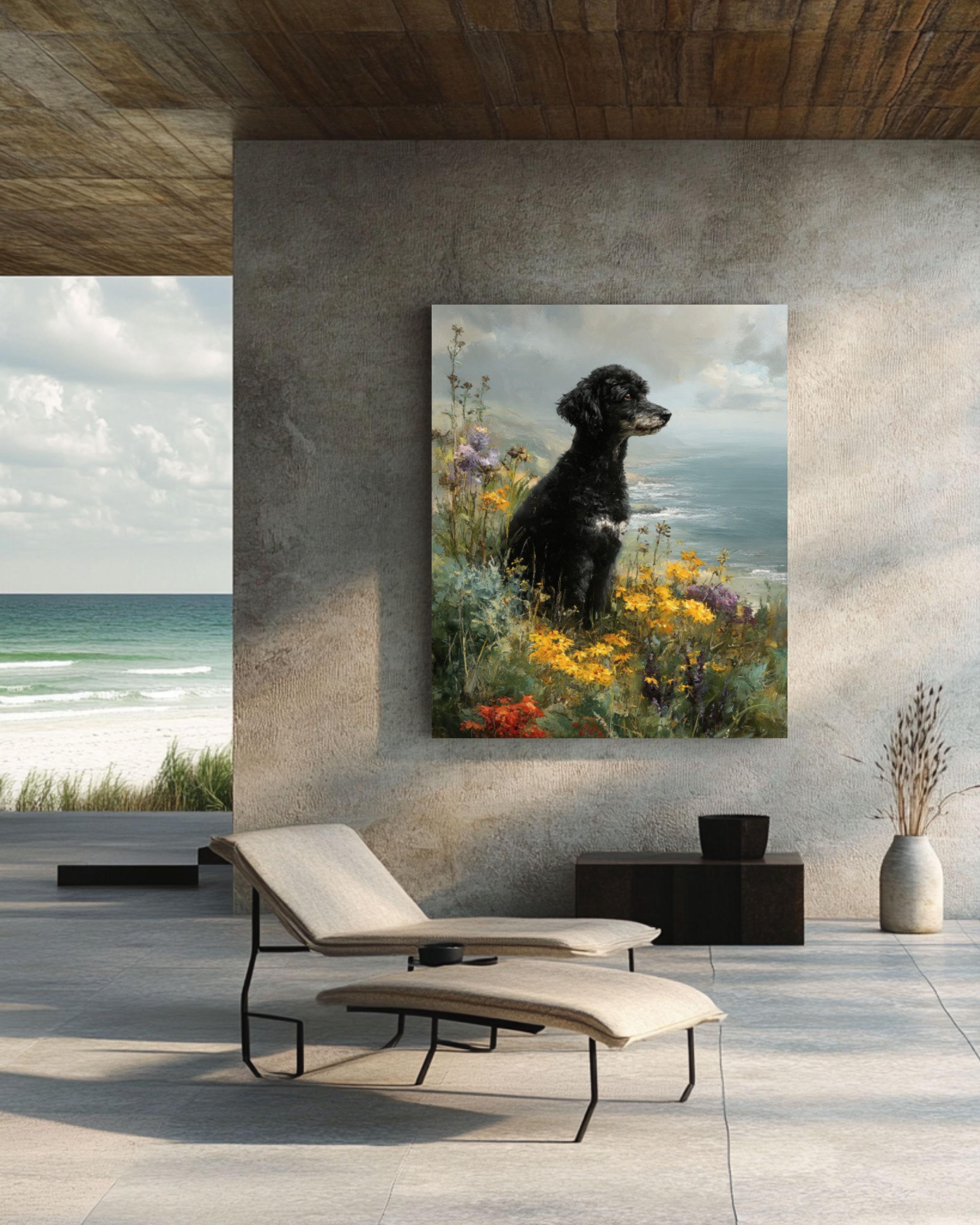 Black Poodle Coastal Portrait Canvas Art