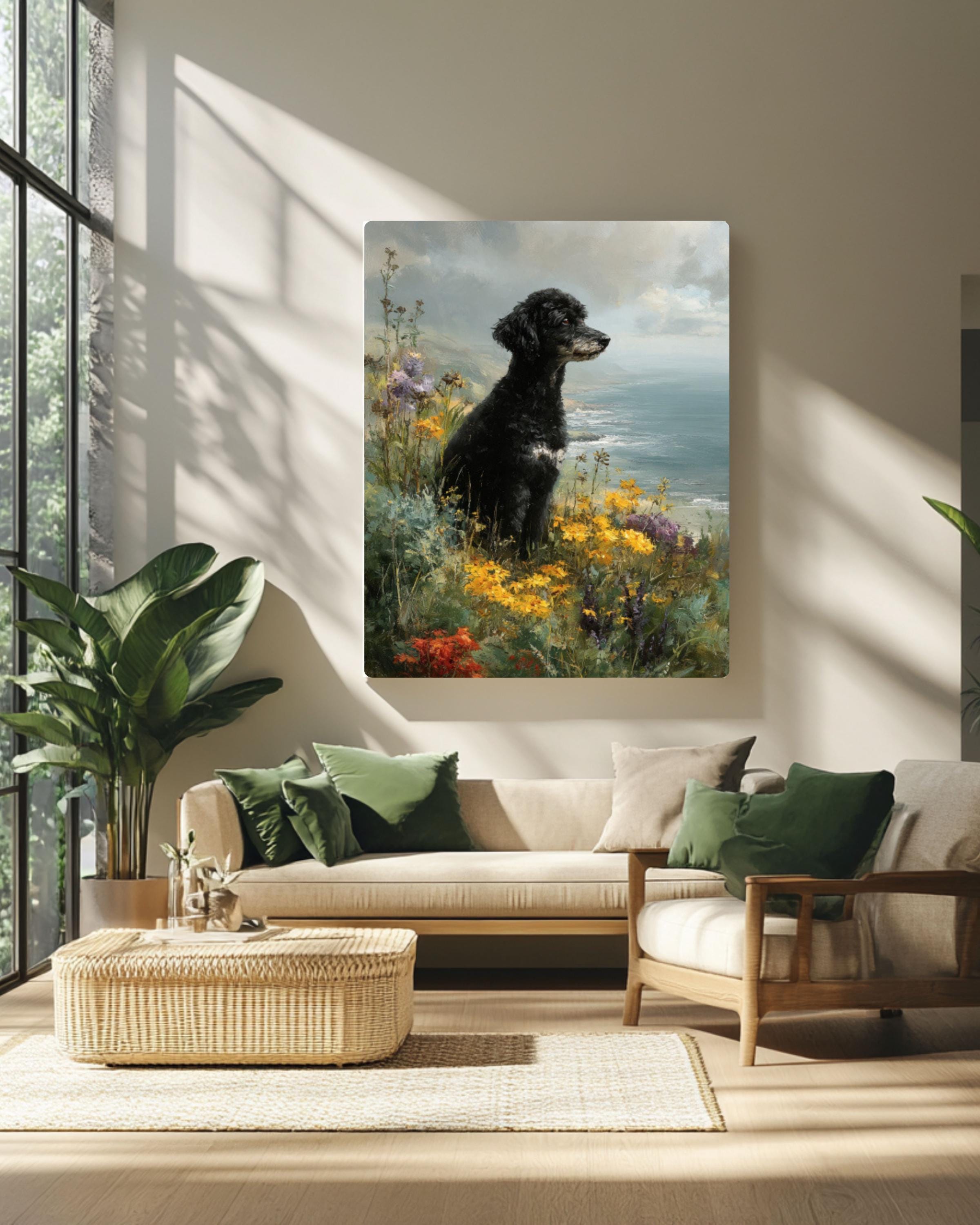 Black Poodle Coastal Portrait Canvas Art