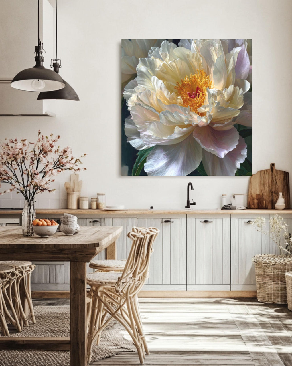 White Peony Floral Canvas Art – Botanical Oil Painting