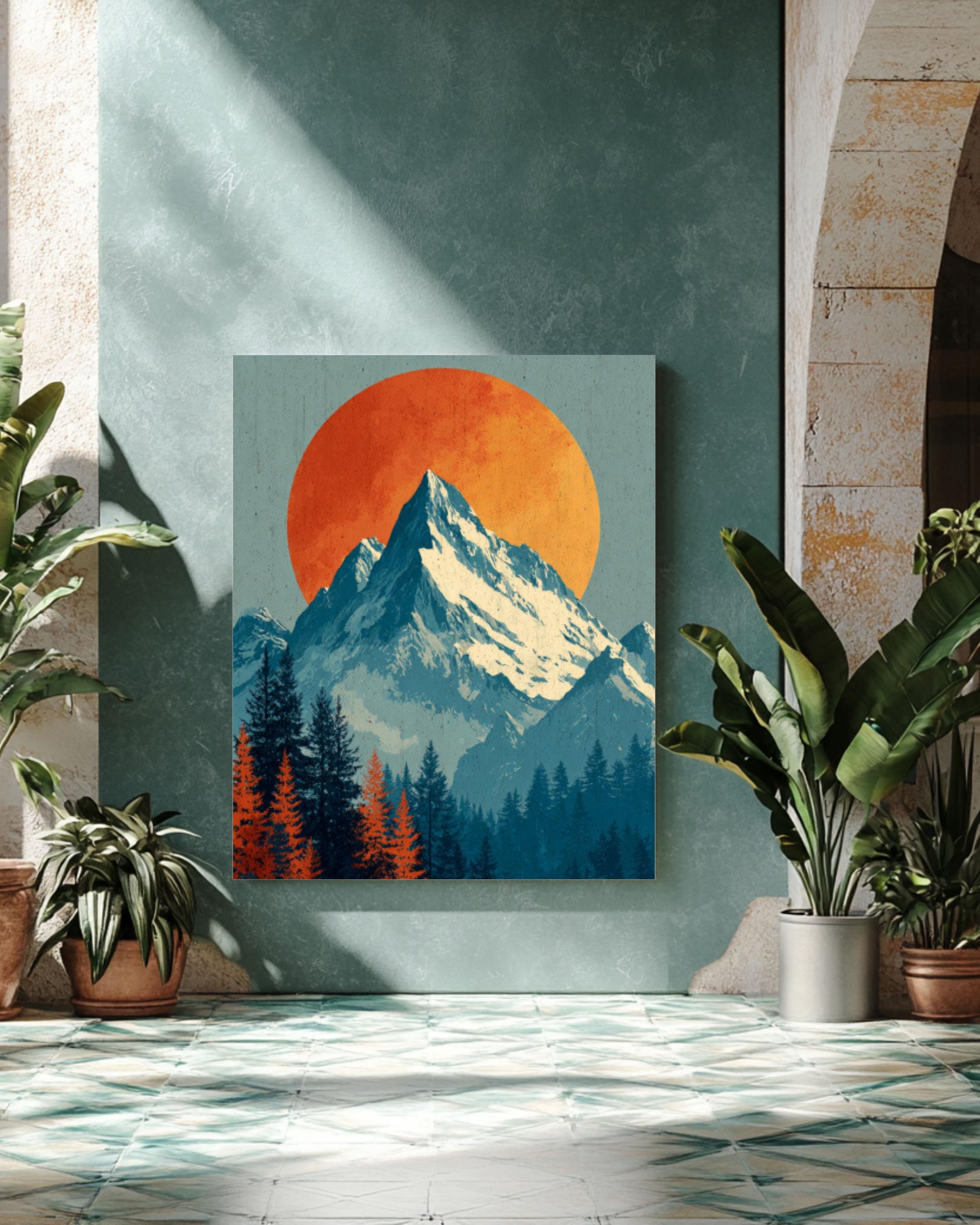 Vintage Mountain Sunset Canvas Wall Art – Snowy Peaks Landscape