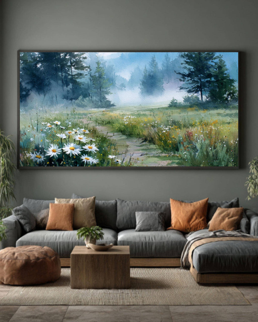 Foggy Meadow Daisy Watercolor Canvas Art – Soft Pastel Landscape