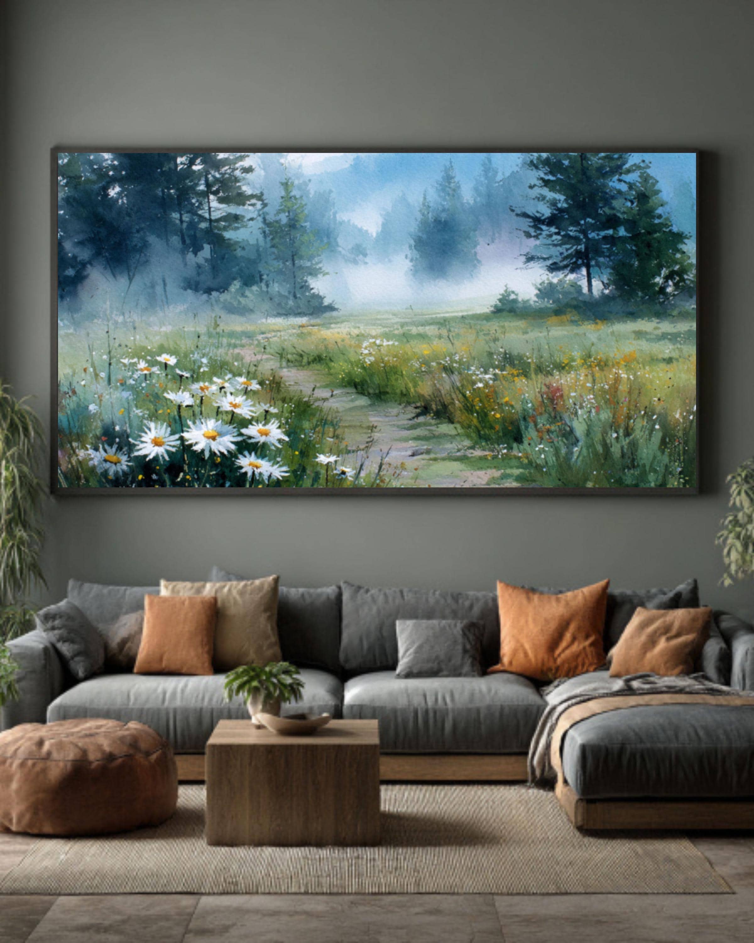 Foggy Meadow Daisy Watercolor Canvas Art – Soft Pastel Landscape