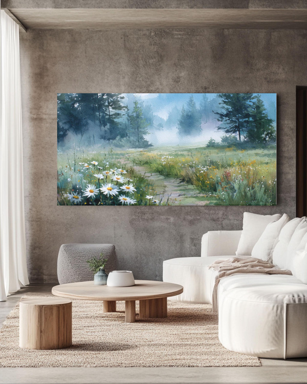 Foggy Meadow Daisy Watercolor Canvas Art – Soft Pastel Landscape