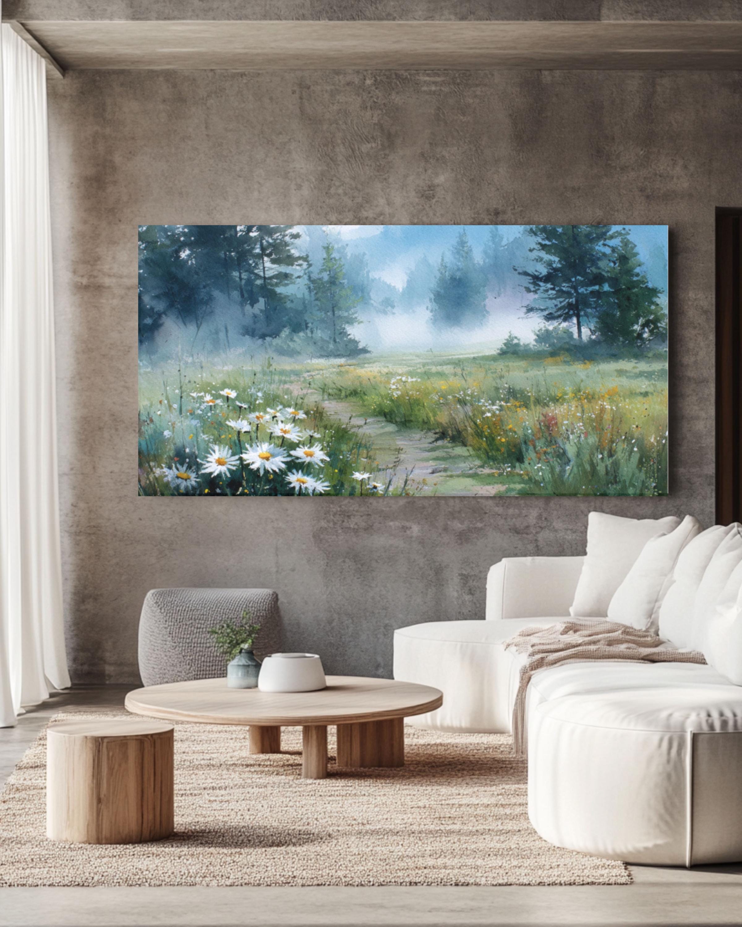 Foggy Meadow Daisy Watercolor Canvas Art – Soft Pastel Landscape