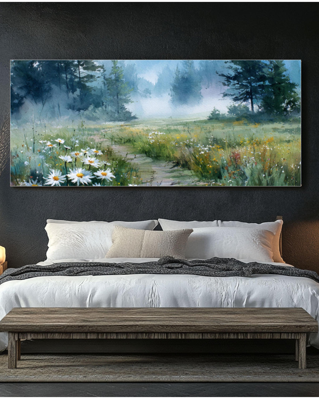 Foggy Meadow Daisy Watercolor Canvas Art – Soft Pastel Landscape