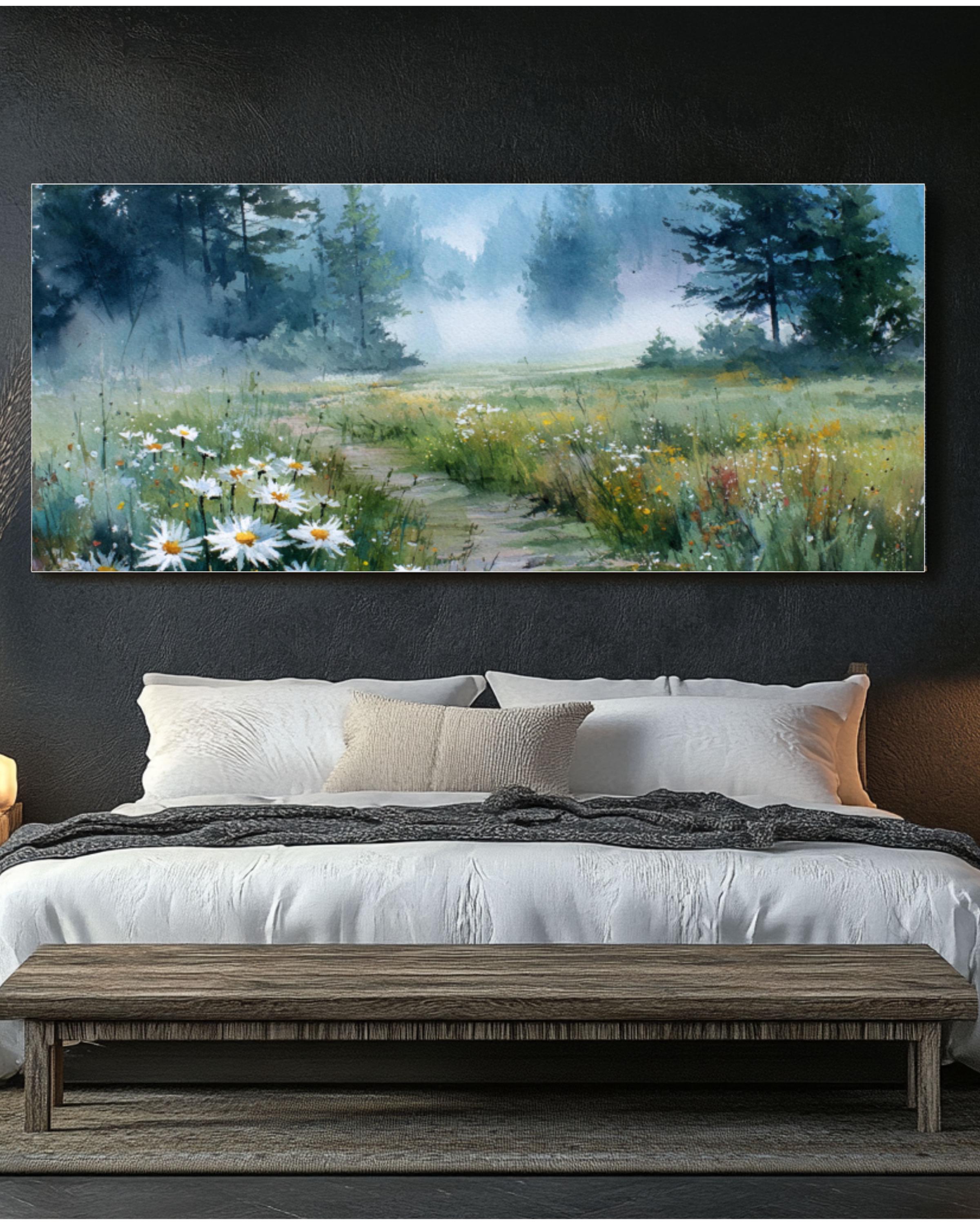 Foggy Meadow Daisy Watercolor Canvas Art – Soft Pastel Landscape