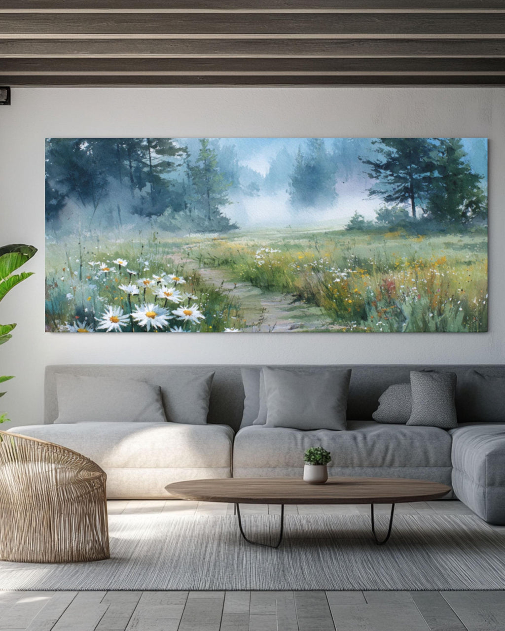 Foggy Meadow Daisy Watercolor Canvas Art – Soft Pastel Landscape