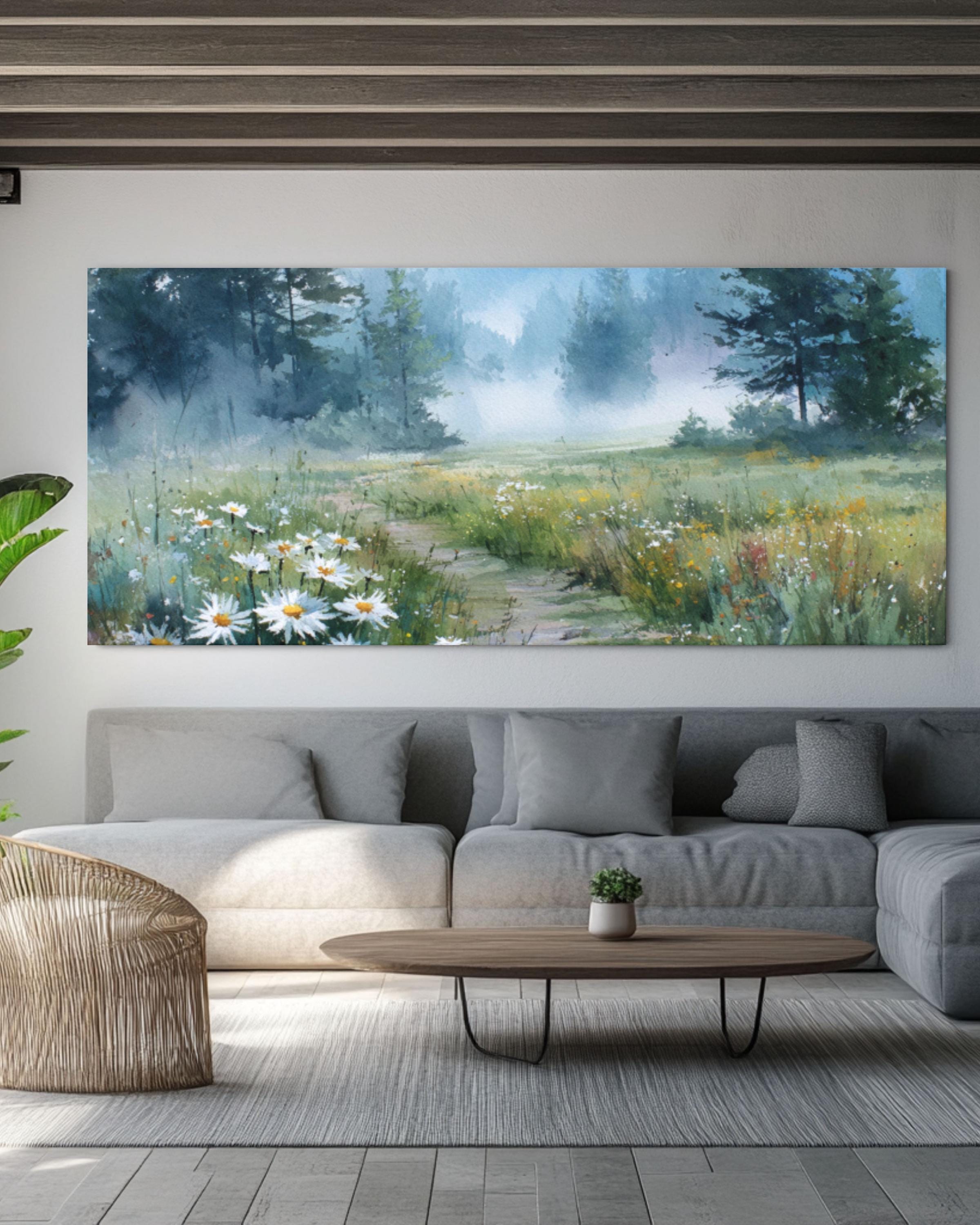 Foggy Meadow Daisy Watercolor Canvas Art – Soft Pastel Landscape