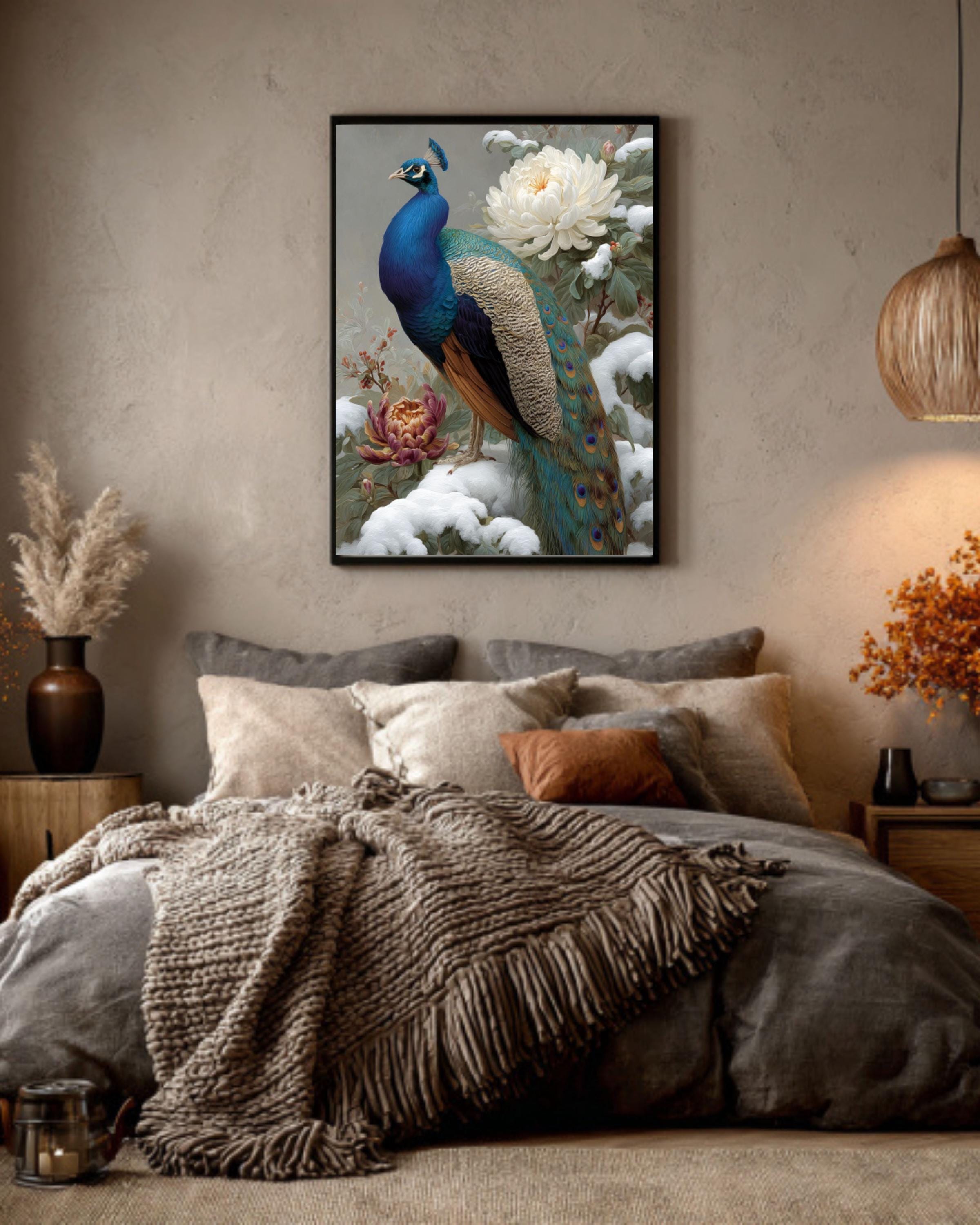 Peacock in Snow Floral Painting Canvas Wall Art – Chinese Style Art