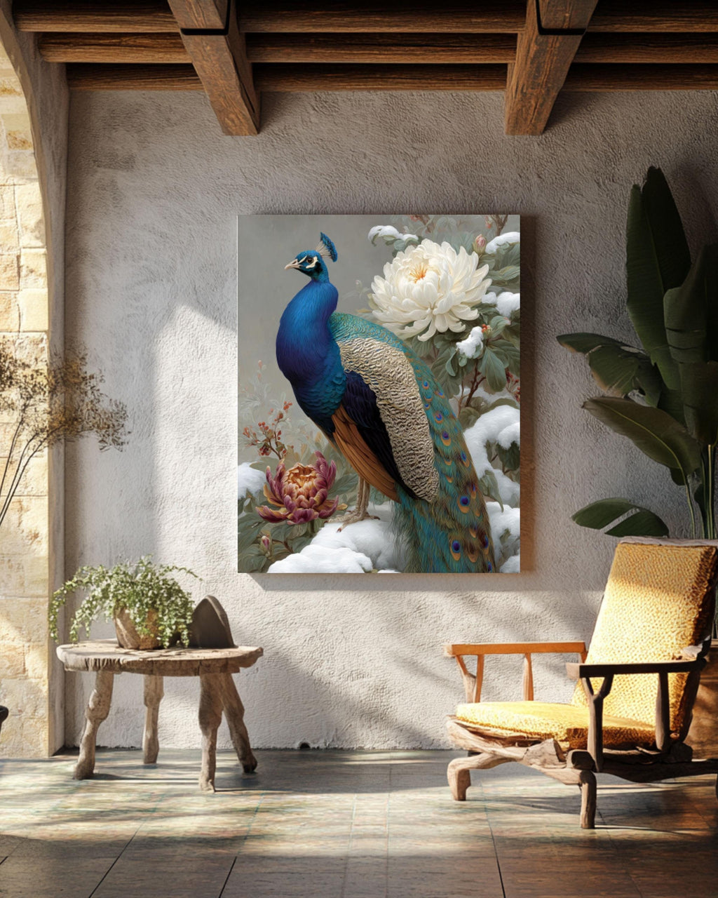 Peacock in Snow Floral Painting Canvas Wall Art – Chinese Style Art