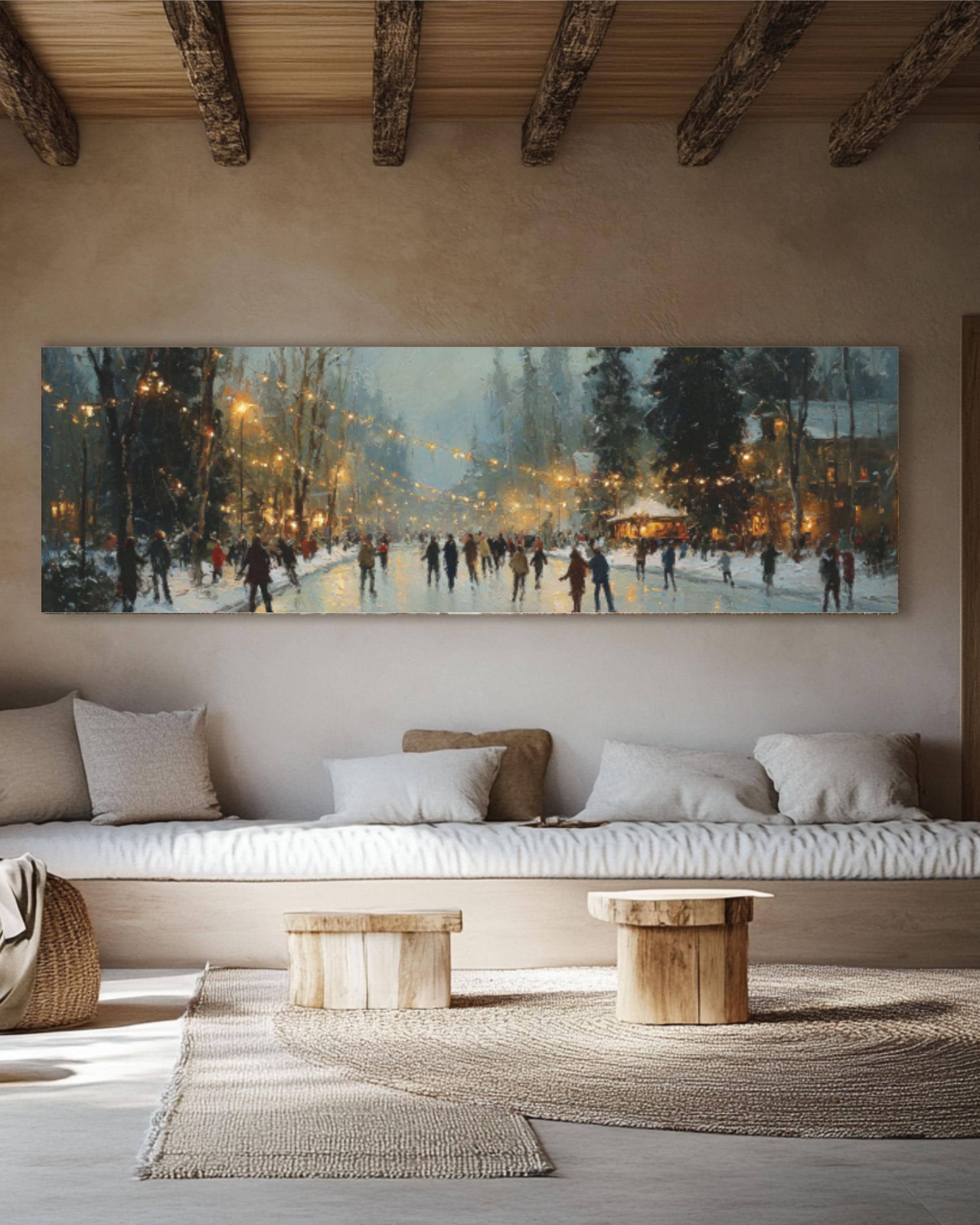 Vintage Winter Ice Skating Canvas Wall Art – Nostalgic Holiday Scene