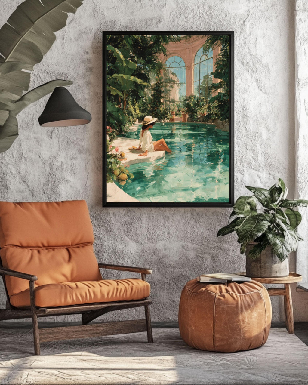 Tropical Woman Pool Art Print | Watercolor Mansion Scene, Boho Decor