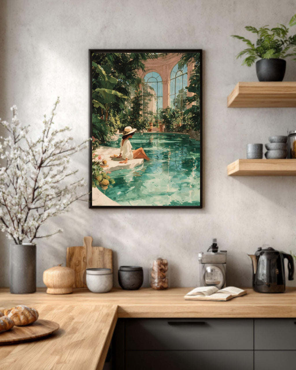 Tropical Woman Pool Art Print | Watercolor Mansion Scene, Boho Decor