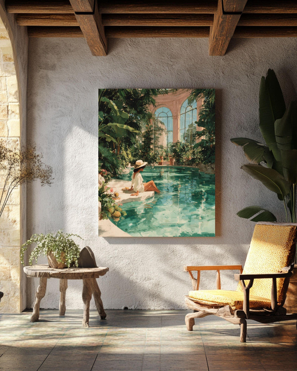 Tropical Woman Pool Art Print | Watercolor Mansion Scene, Boho Decor