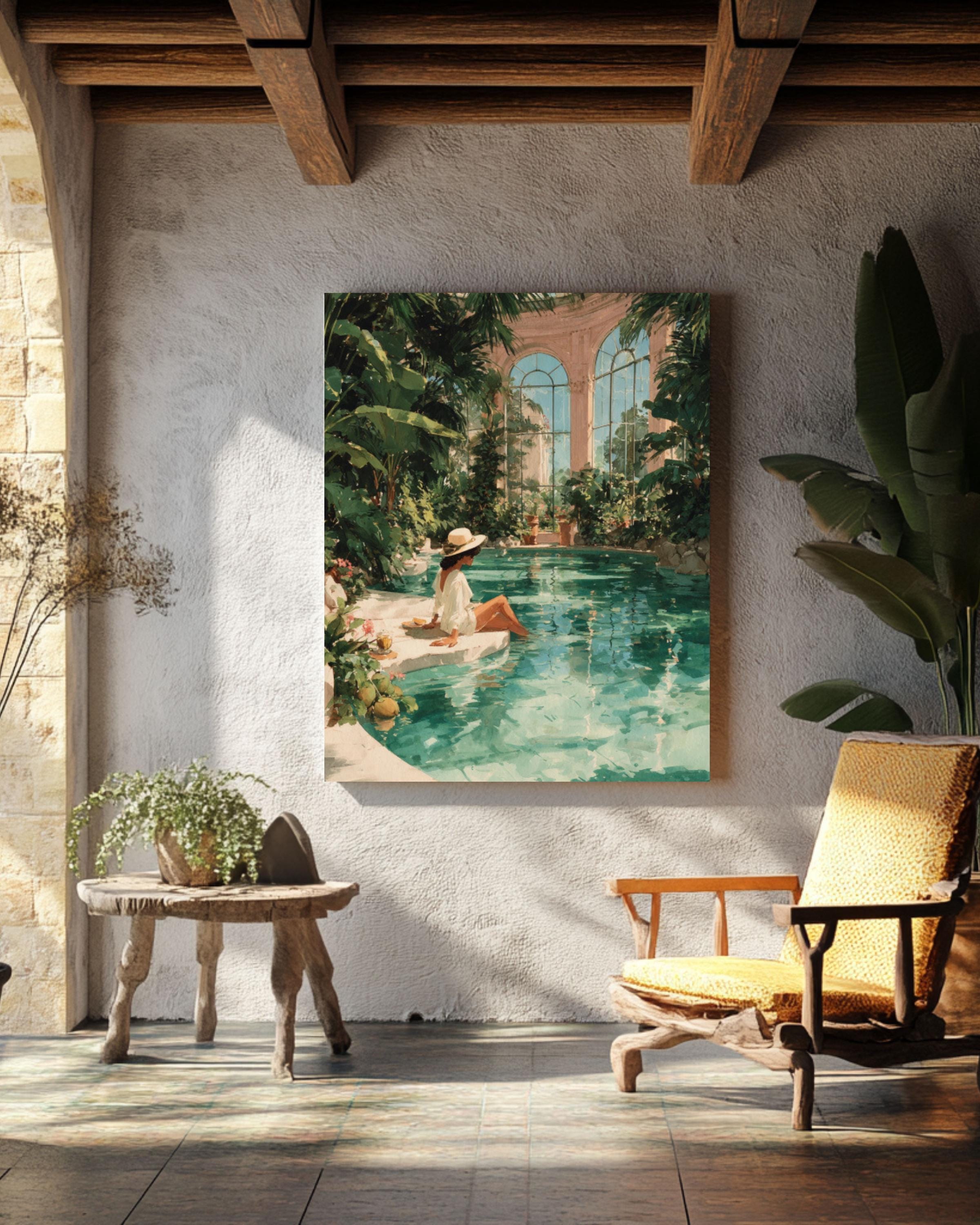 Tropical Woman Pool Art Print | Watercolor Mansion Scene, Boho Decor