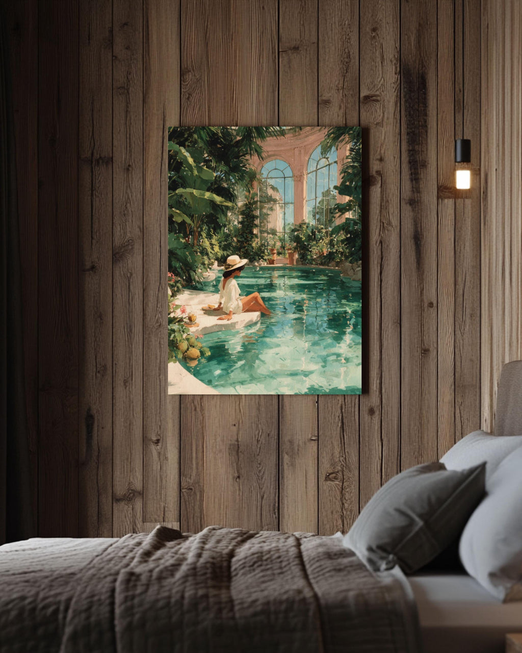 Tropical Woman Pool Art Print | Watercolor Mansion Scene, Boho Decor