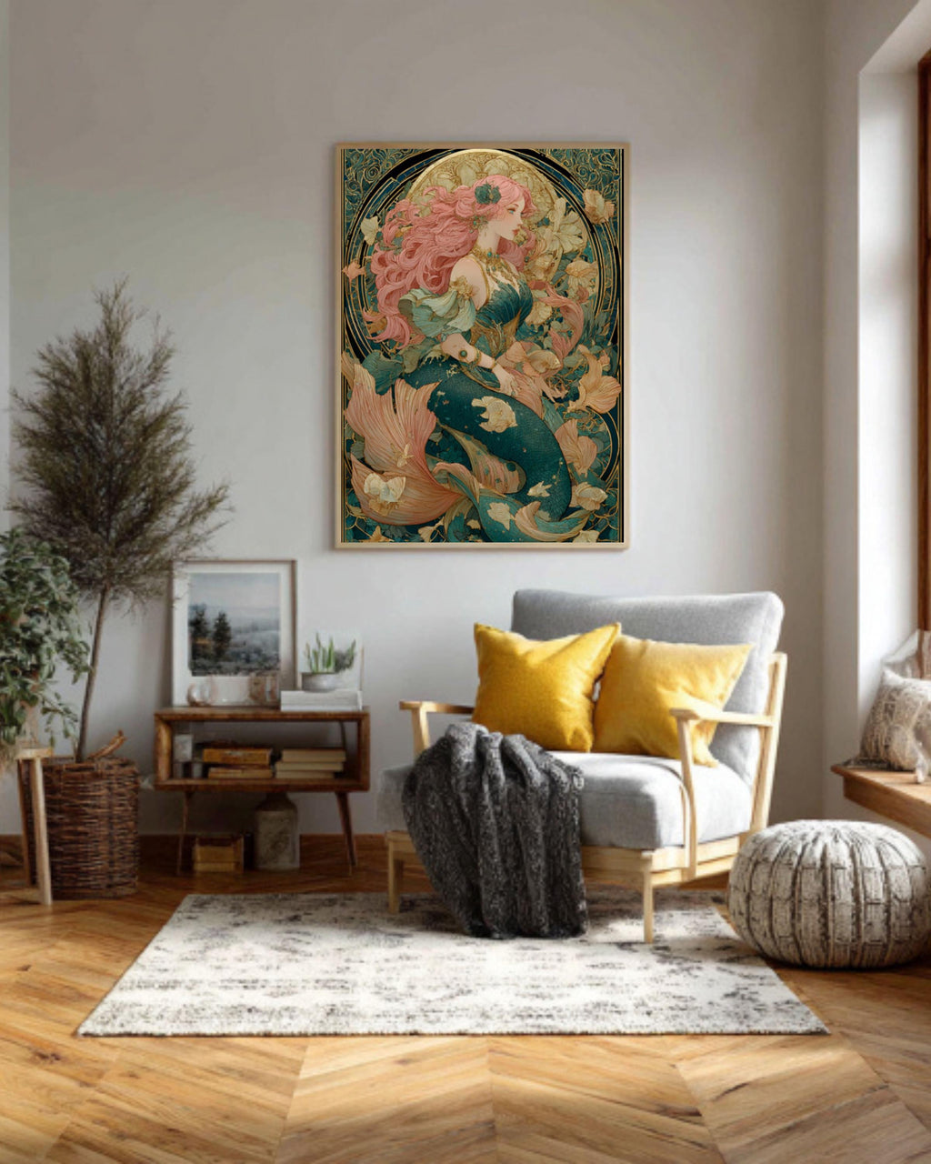 Victorian Mermaid Art Nouveau Canvas | Pink-Haired Siren, Underwater Fantasy