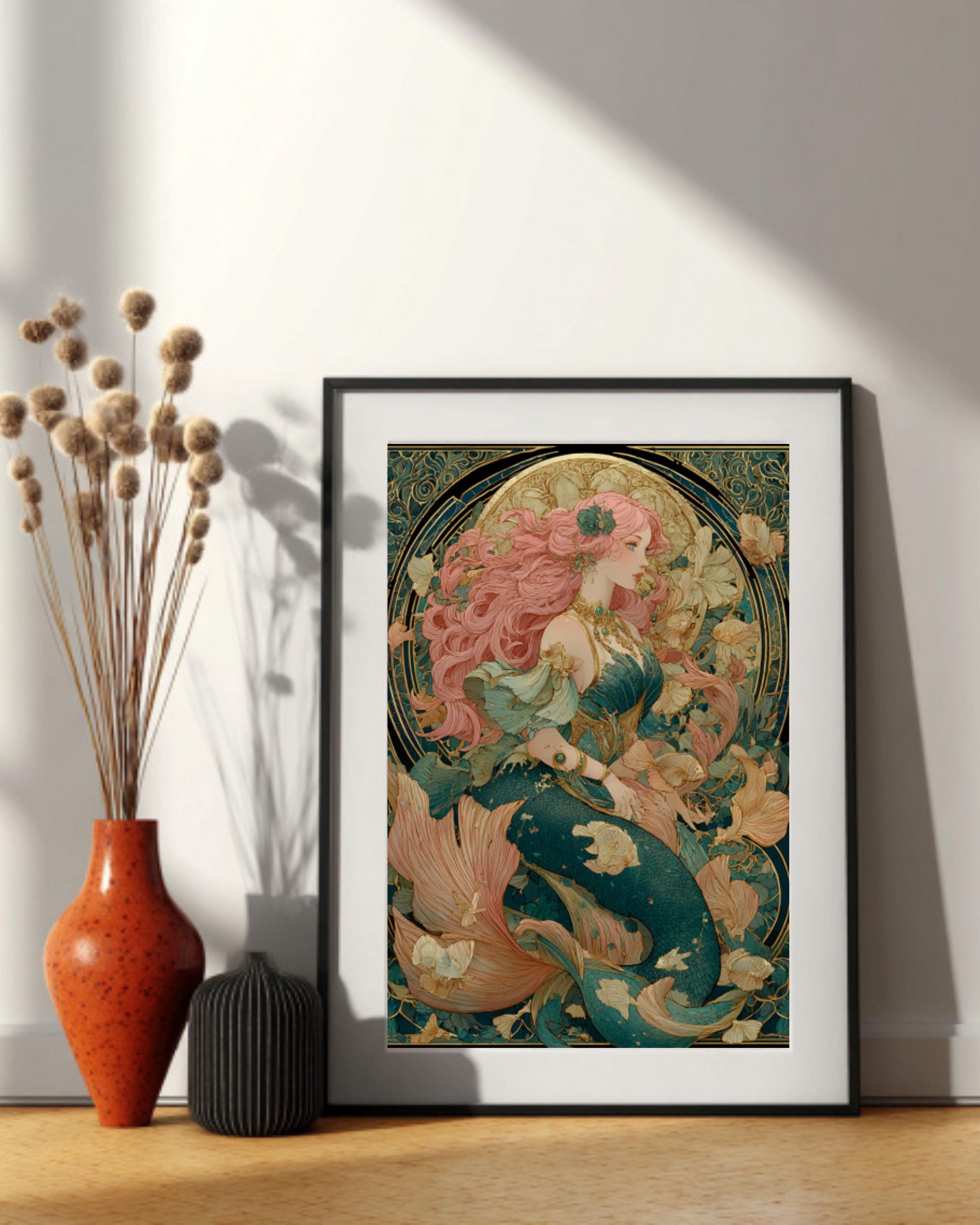 Victorian Mermaid Art Nouveau Canvas | Pink-Haired Siren, Underwater Fantasy
