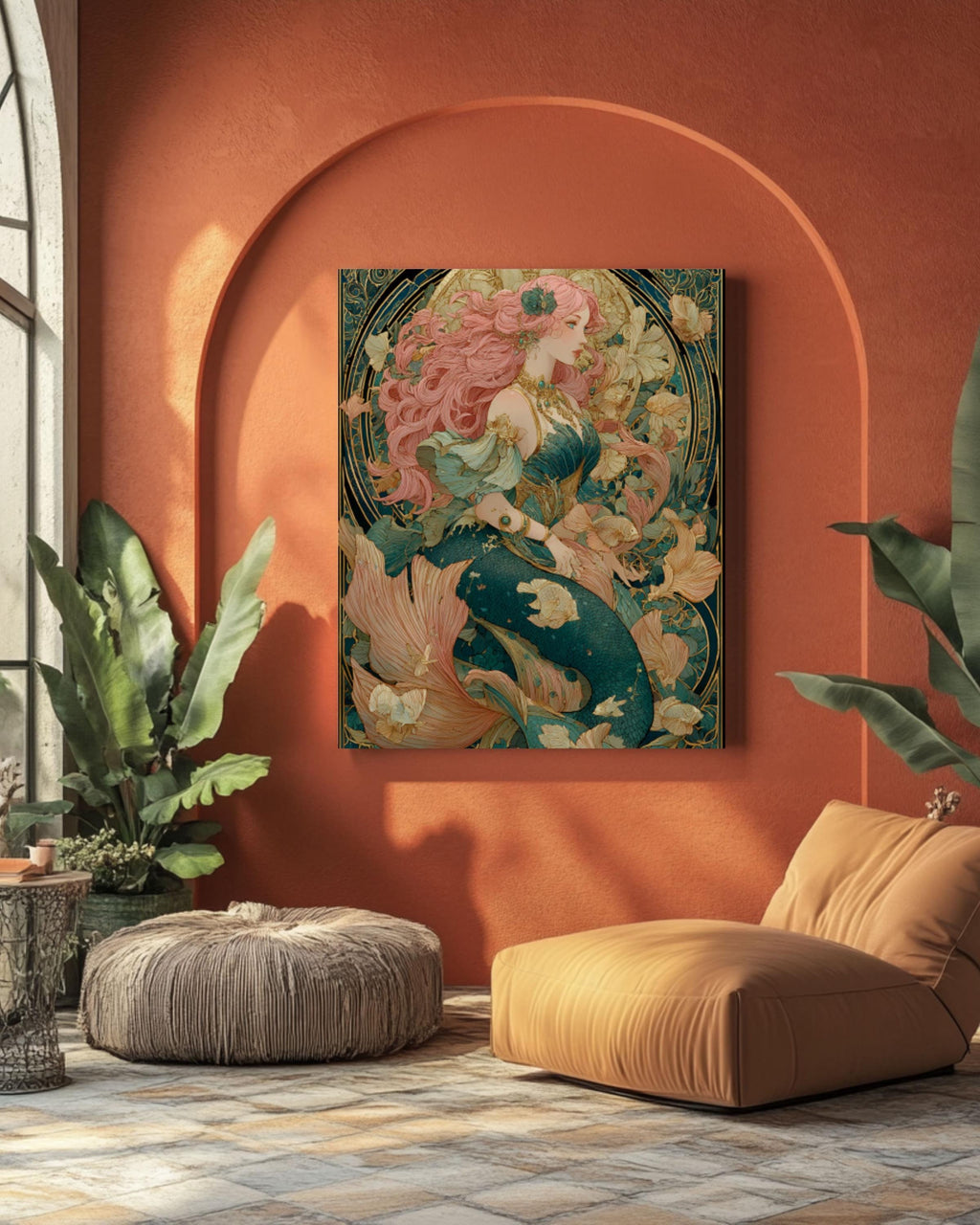 Victorian Mermaid Art Nouveau Canvas | Pink-Haired Siren, Underwater Fantasy