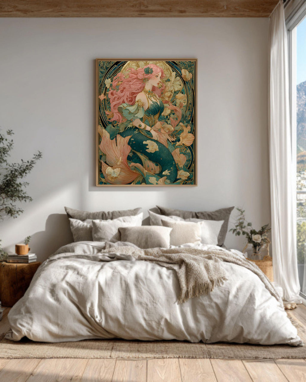 Victorian Mermaid Art Nouveau Canvas | Pink-Haired Siren, Underwater Fantasy