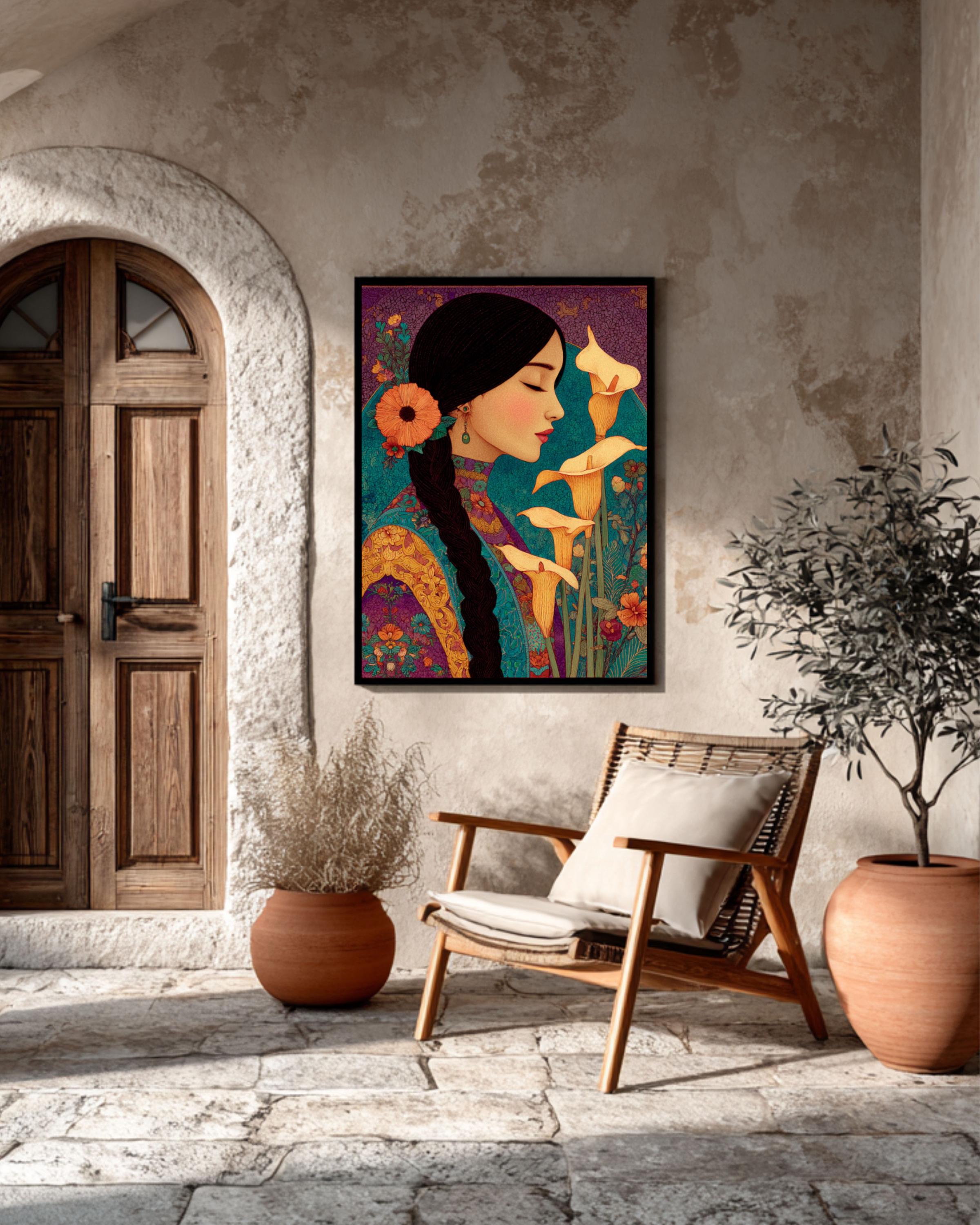 Mexican Woman Calla Lilies Canvas | Laurel Burch Style Latin Art