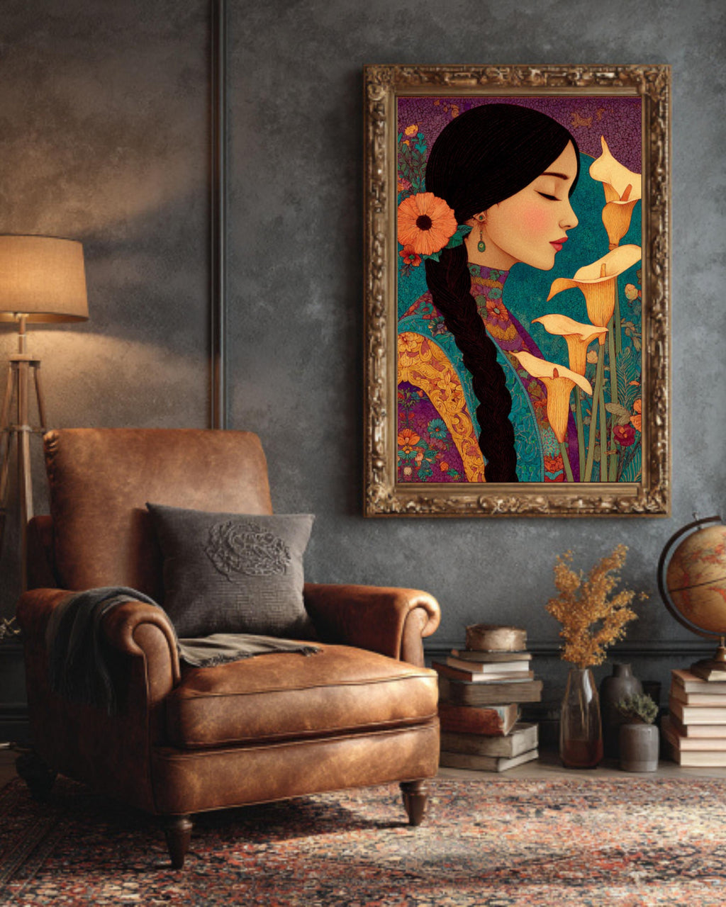 Mexican Woman Calla Lilies Canvas | Laurel Burch Style Latin Art