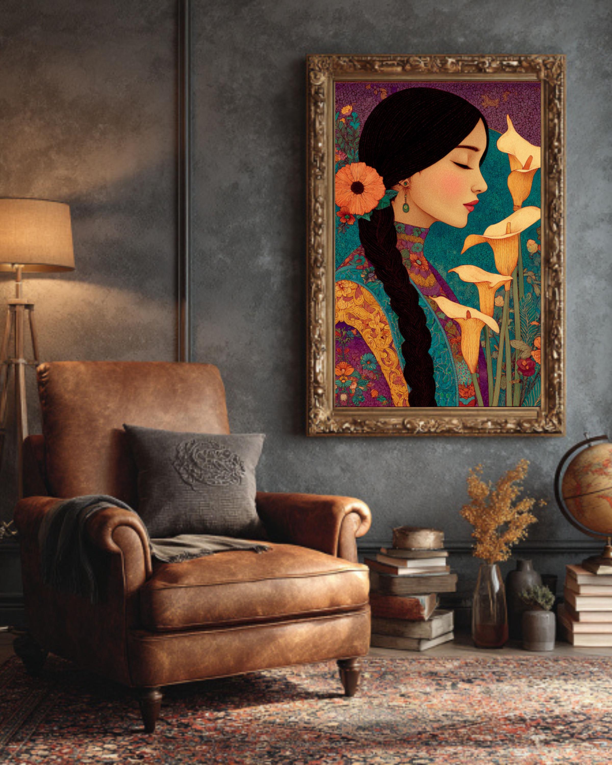 Mexican Woman Calla Lilies Canvas | Laurel Burch Style Latin Art