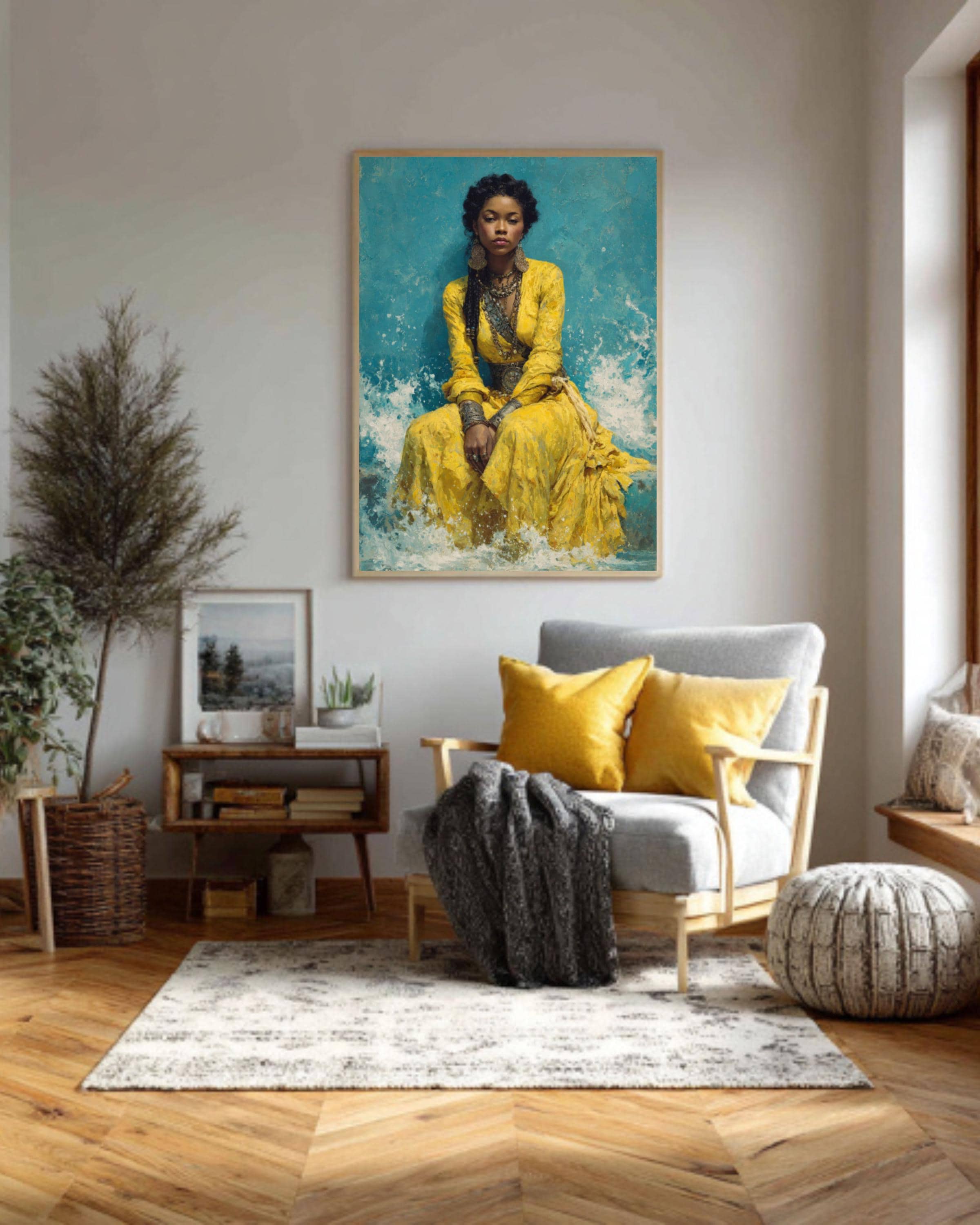 African Woman Canvas Art â€“ Yellow Dress, Ocean Waves, Silver Jewelry Canvas Wall Art Print – Premium Home Decor