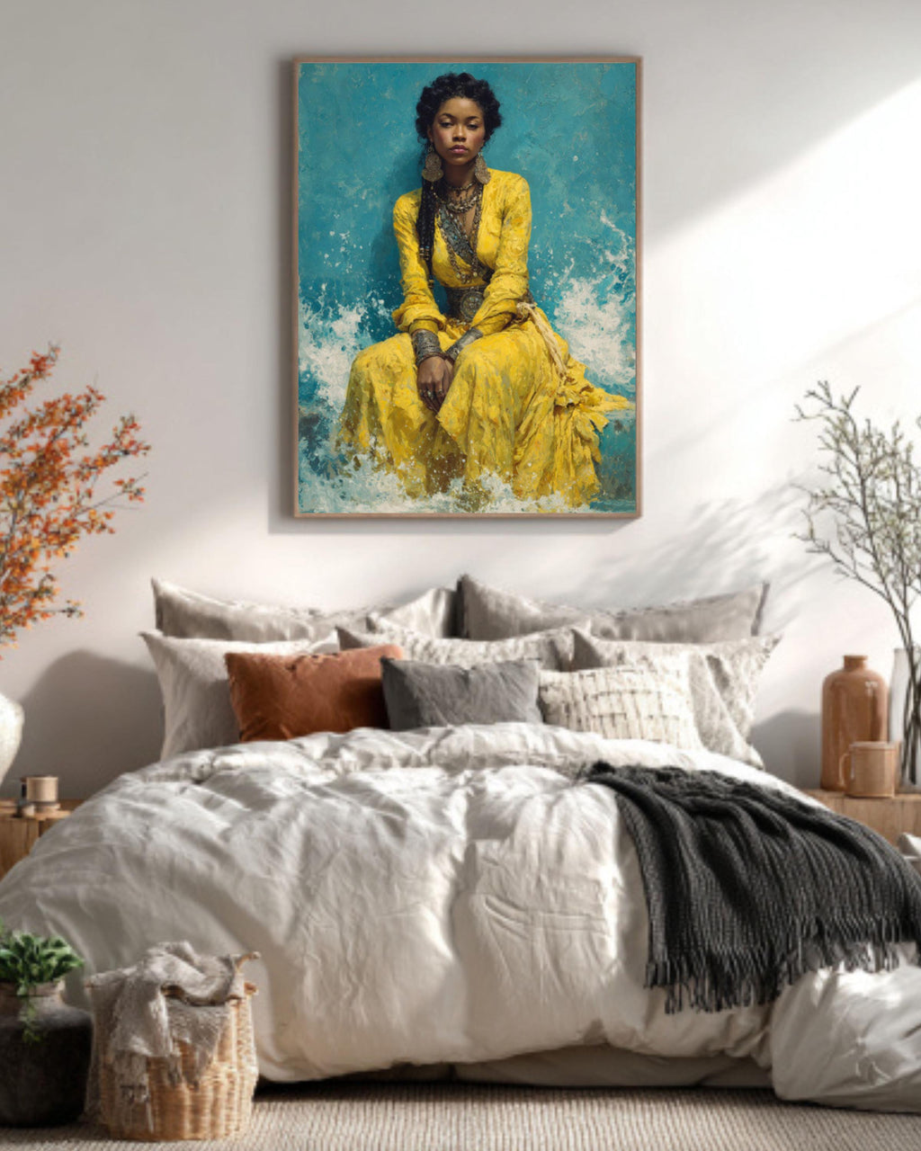 African Woman Canvas Art â€“ Yellow Dress, Ocean Waves, Silver Jewelry Canvas Wall Art Print – Premium Home Decor