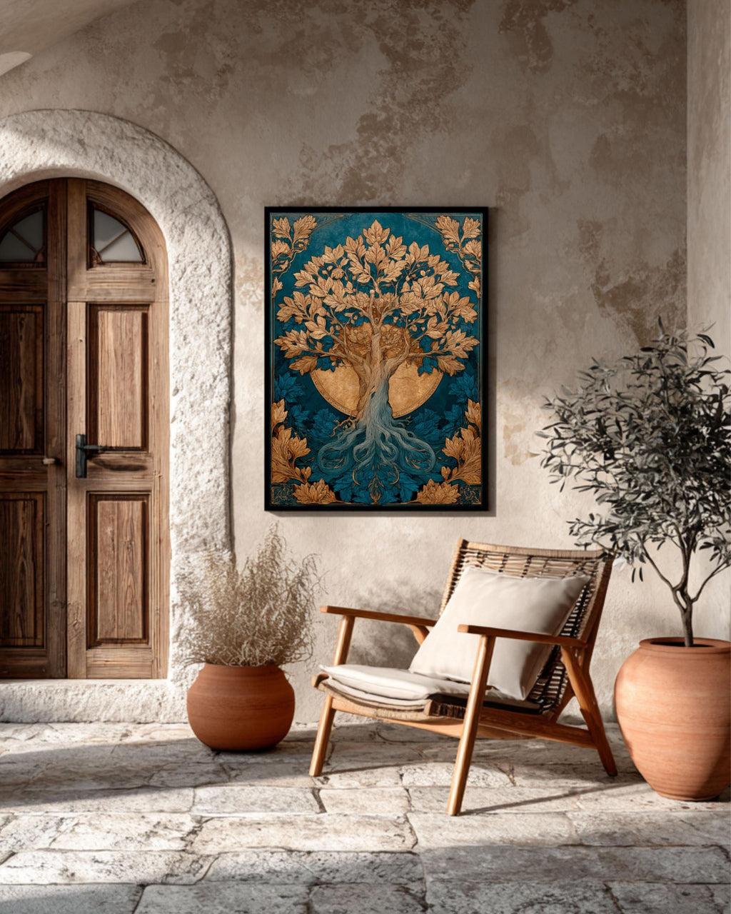 Sun & Moon Tree Art | Celestial Watercolor Canvas, Gold Accent