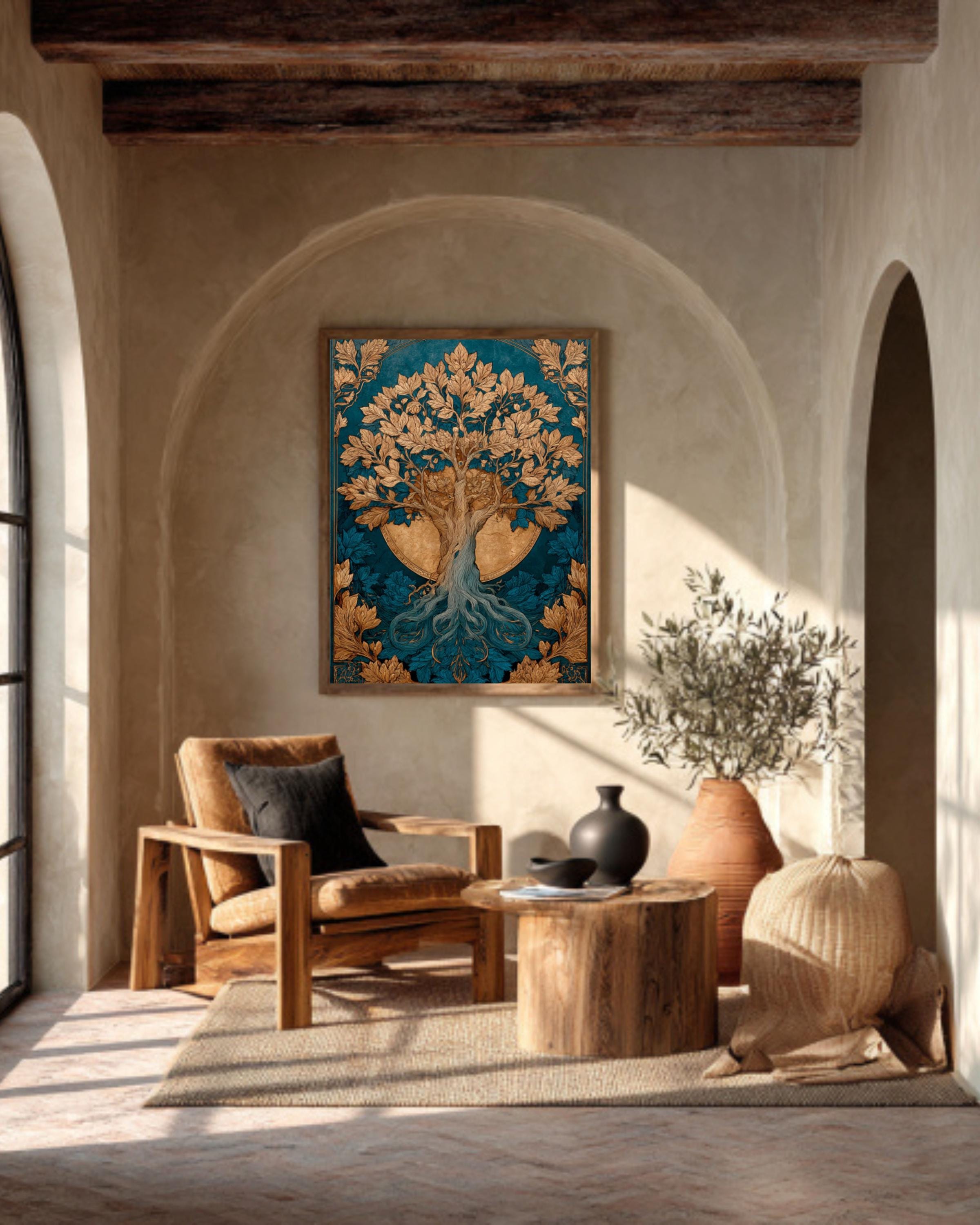 Sun & Moon Tree Art | Celestial Watercolor Canvas, Gold Accent